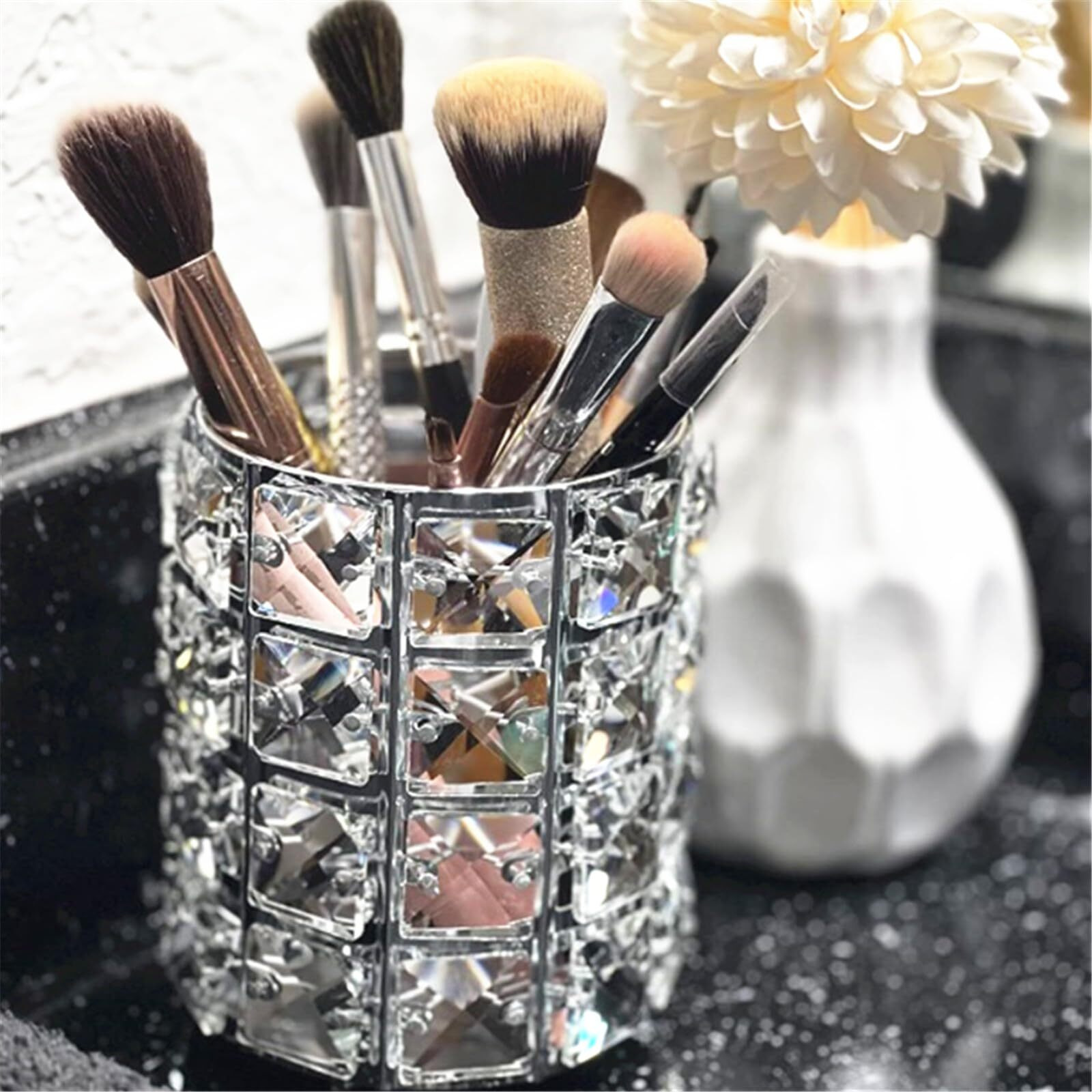 Lugunu Makeup Brush Holder Organizer Golden Crystal Bling Personalized Gold Comb Brushes Pen Pencil Storage Box Container (Crystal Pot-Sliver)