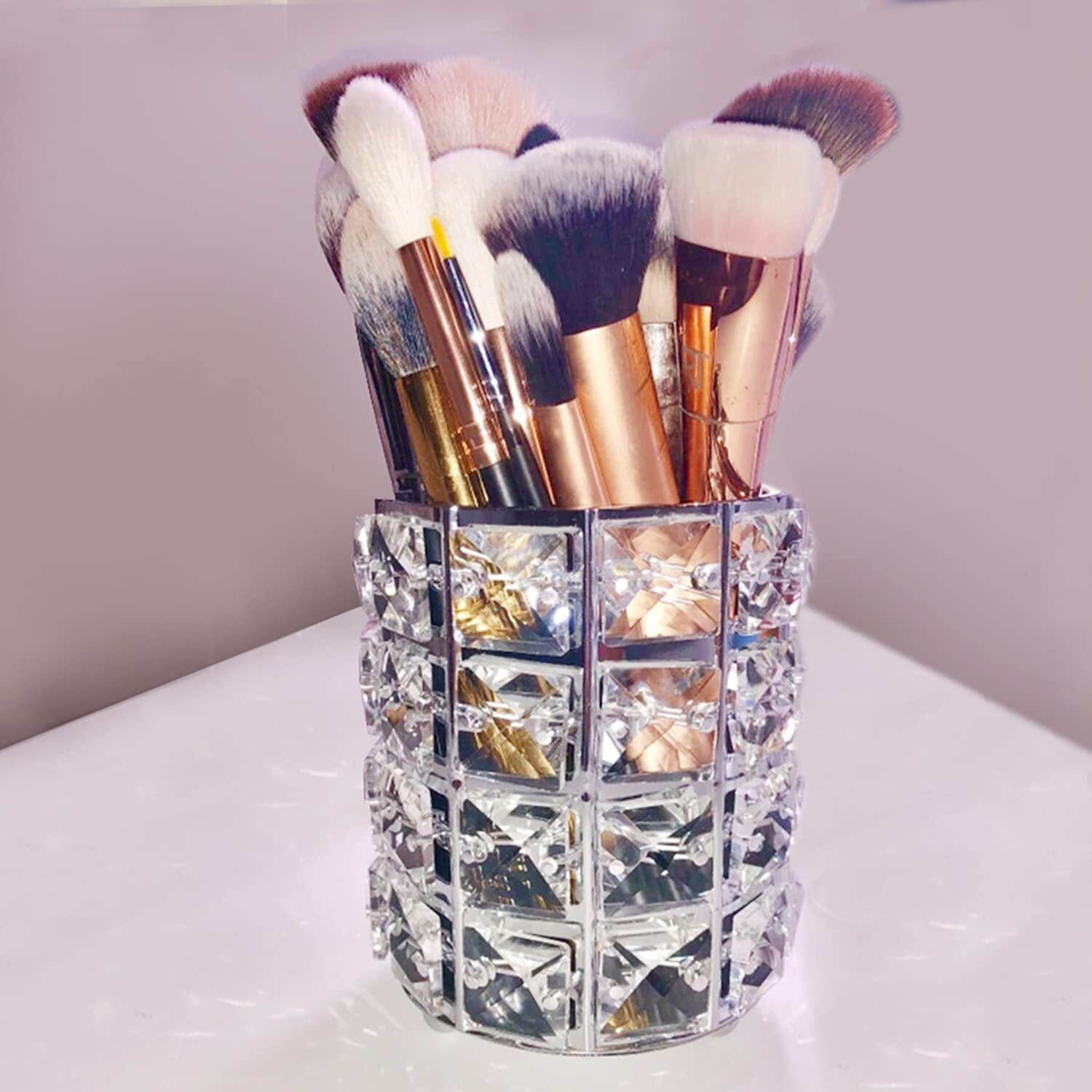Lugunu Makeup Brush Holder Organizer Golden Crystal Bling Personalized Gold Comb Brushes Pen Pencil Storage Box Container (Crystal Pot-Sliver)