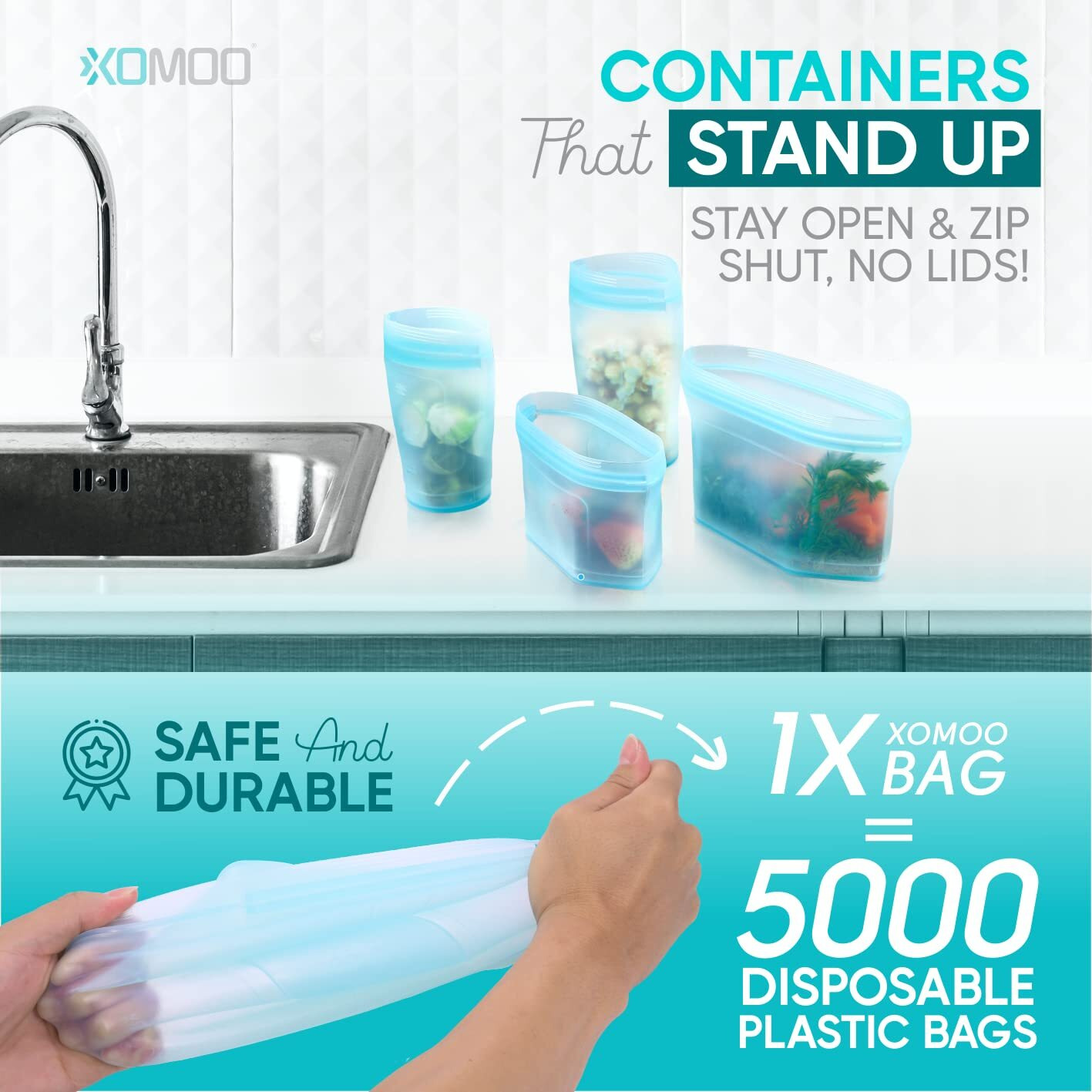 Reusable Food Container Silicone Bag, Upgrade Second Generation 6 Pcs Containers Storage, 100% Silicone Food Bag, Stand Up Preservation Rounded Interior For Easy Cleaning.