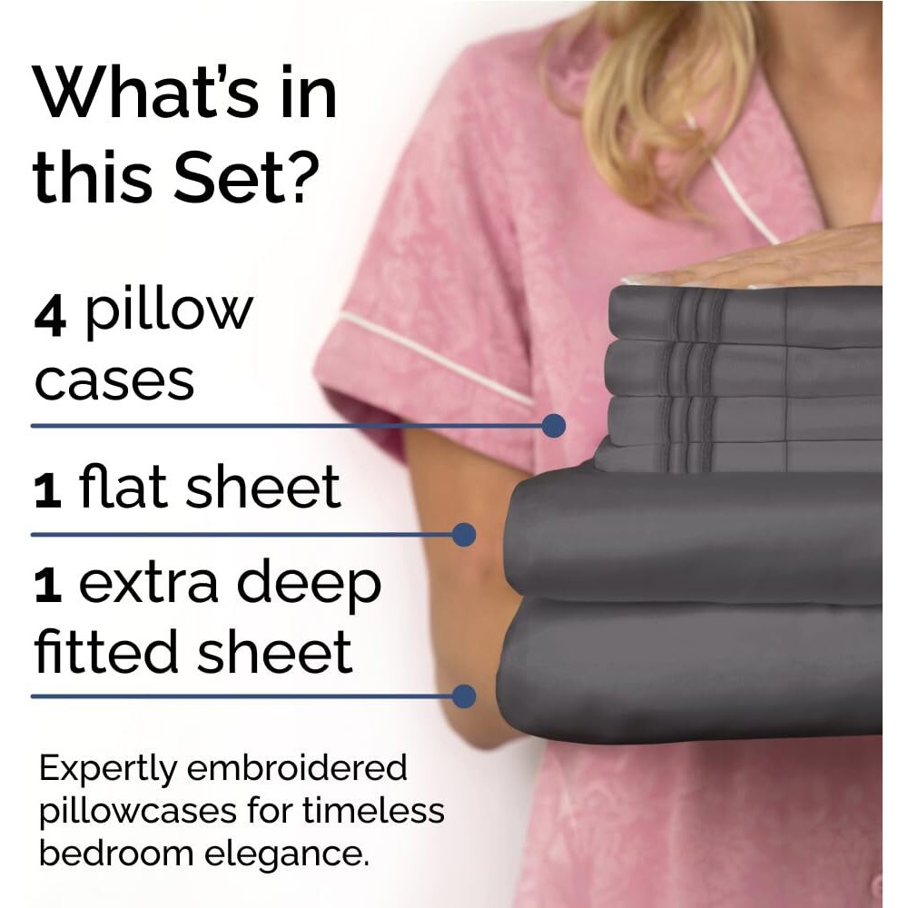 Extra Deep Queen Sheet Set - 6 Piece Breathable And Cooling Sheets - Hotel Luxury Bed Sheets Set - Easy & Secure Fit - Soft, Wrinkle Free And Comfy Sheets Set - Grey Sheet Set With Extra Deep Pockets