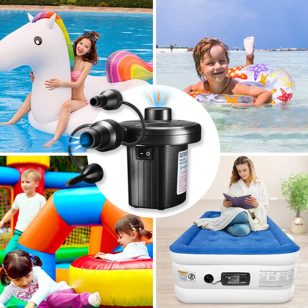 Electric Air Pump, 110V Ac/12V Dc Portable Air Mattress Two-Way Universal Inflator Pump For Inflatables Pool, Airbeds, Etc With 3 Nozzles And 1 Storage Bag