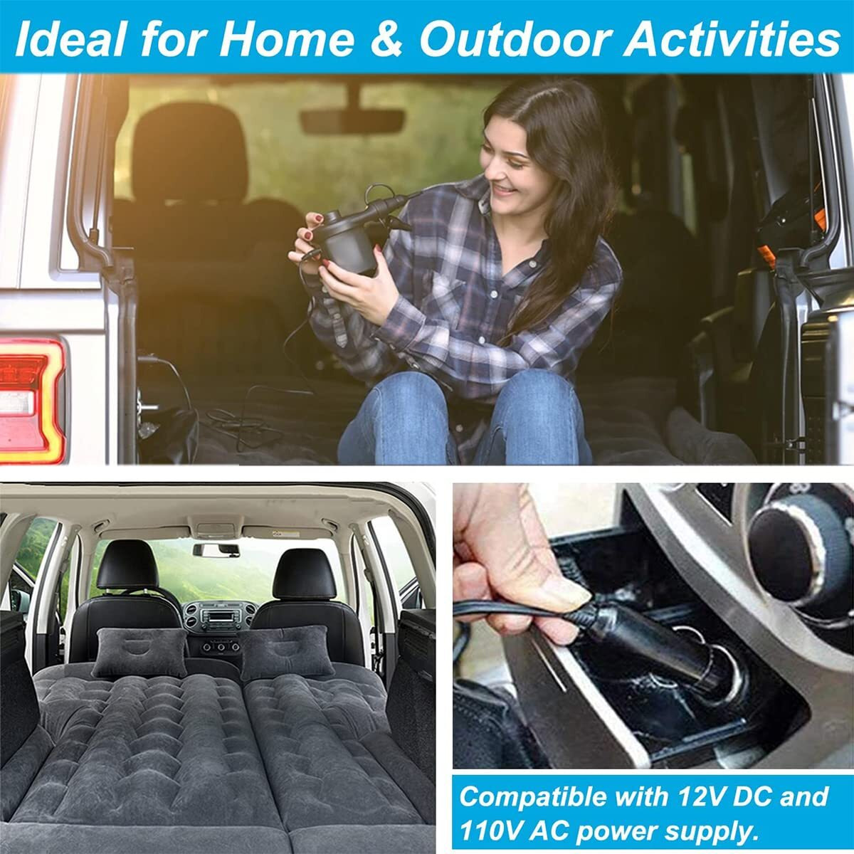Electric Air Pump, 110V Ac/12V Dc Portable Air Mattress Two-Way Universal Inflator Pump For Inflatables Pool, Airbeds, Etc With 3 Nozzles And 1 Storage Bag