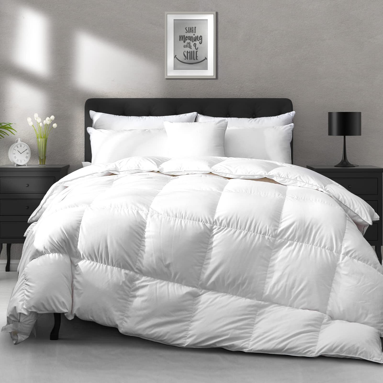 Apsmile Luxury All Season Down Feather Fibers Comforter Full/Queen Size Duvet Insert - 100% Organic Cotton, High Fill Power Medium Warmth, (Ivory White, 90X90)