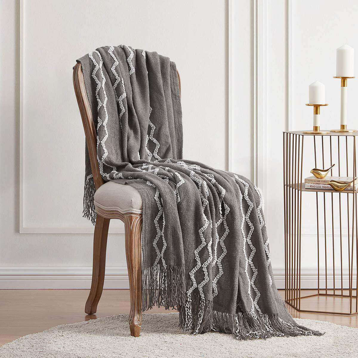 Bourina Fluffy Chenille Knitted Fringe Throw Blanket Lightweight Soft Cozy For Bed Sofa Chair Throw Blankets, Grey 50"" X 60""