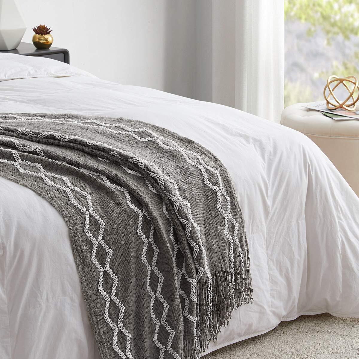 Bourina Fluffy Chenille Knitted Fringe Throw Blanket Lightweight Soft Cozy For Bed Sofa Chair Throw Blankets, Grey 50"" X 60""