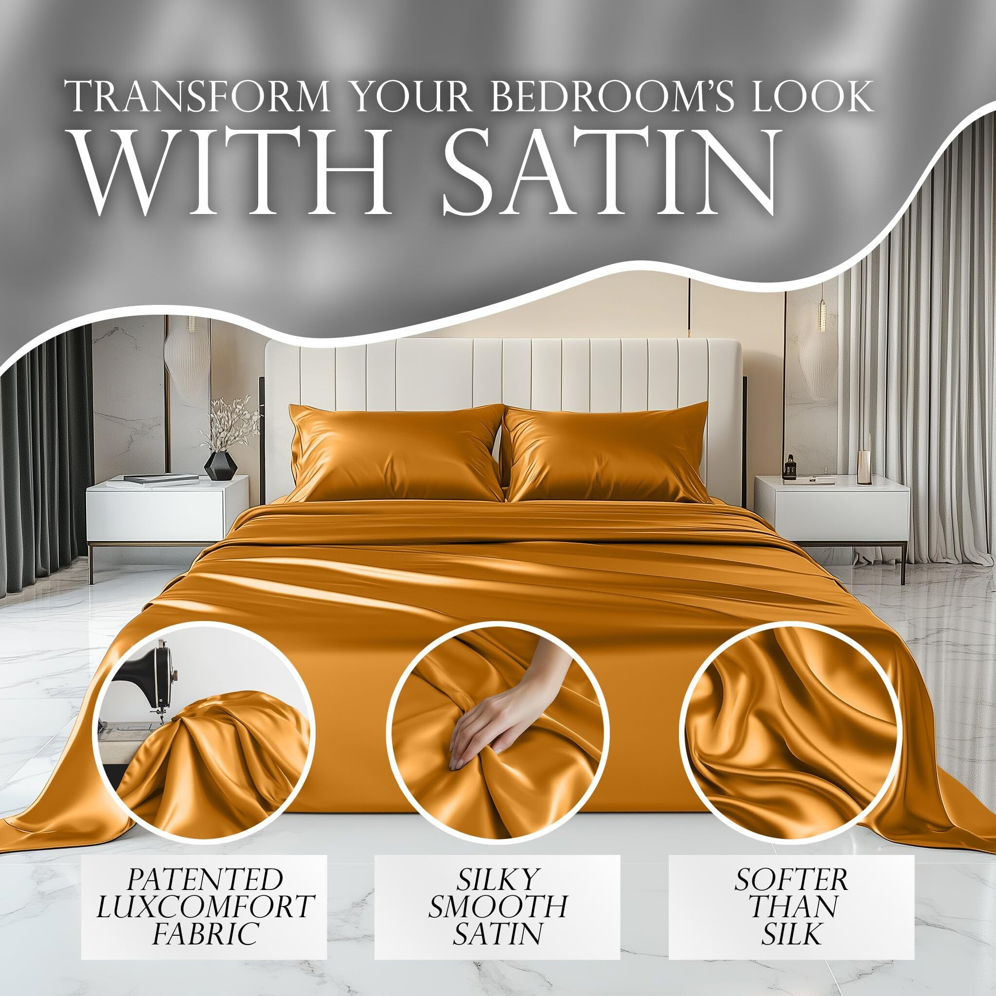 Decolure Satin Sheets King Size Set 4 Pcs - Silky & Luxuriously Soft Satin Bed Sheets W/ 15 Inch Deep Pocket - Similar To Silk Sheets - Double Stitching, Wrinkle Free (Gold)