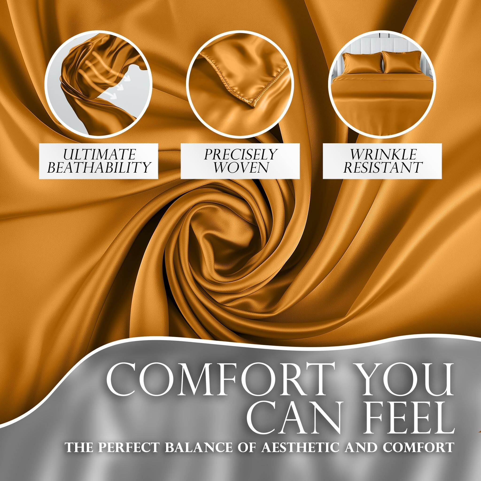 Decolure Satin Sheets King Size Set 4 Pcs - Silky & Luxuriously Soft Satin Bed Sheets W/ 15 Inch Deep Pocket - Similar To Silk Sheets - Double Stitching, Wrinkle Free (Gold)