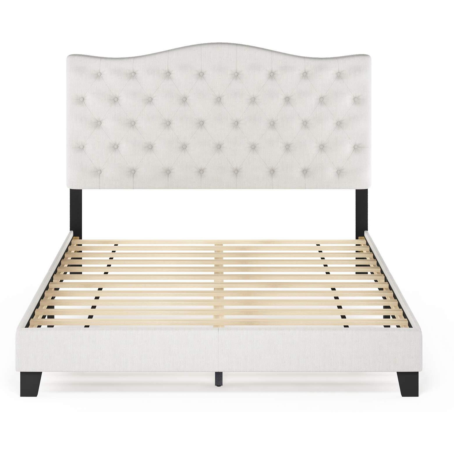 Furinno Lille Button Tufted Bed Frame, Queen, Beige