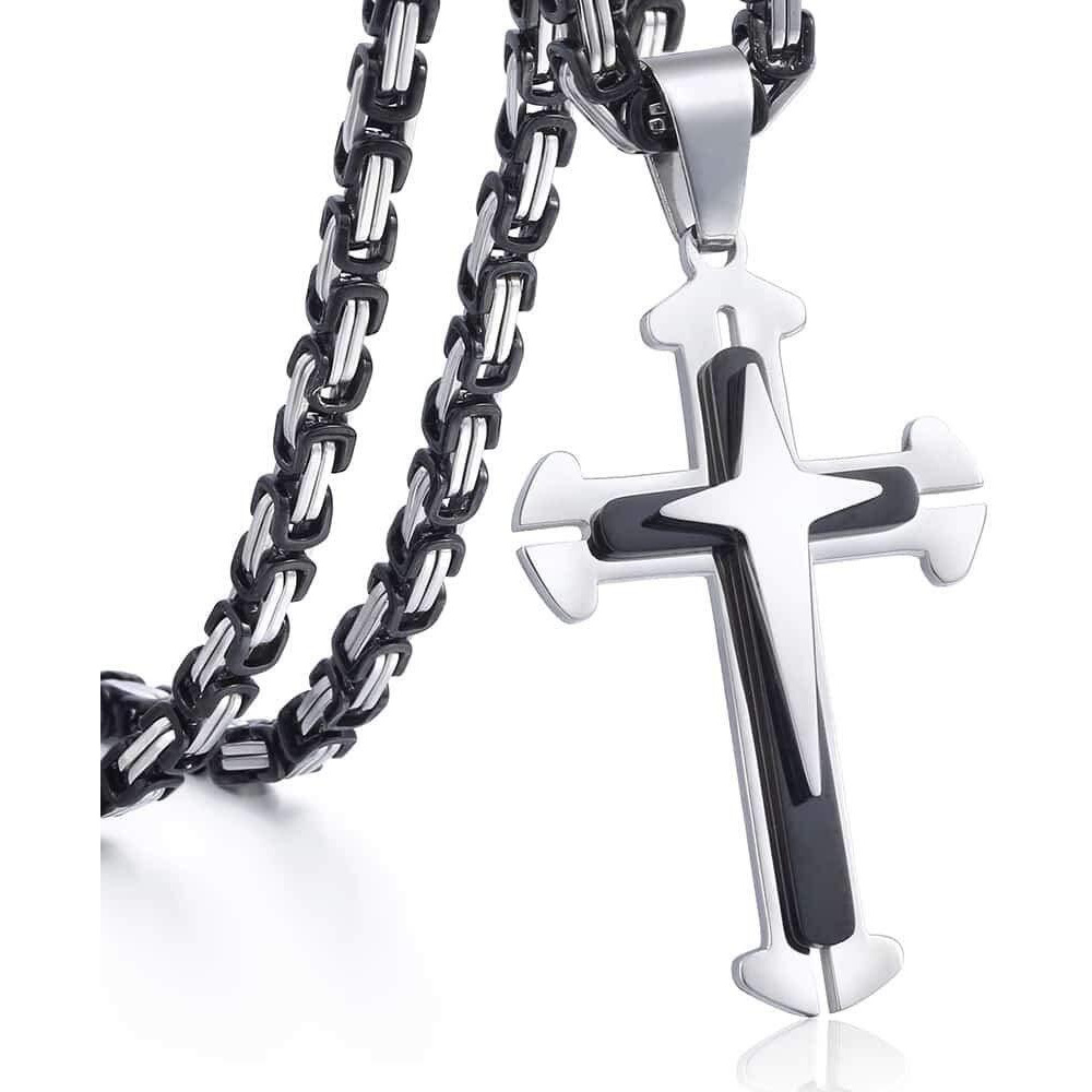 Trendsmax Mens Cross Pendant Necklace Stainless Steel Black Silver Byzantine Chain 22Inch