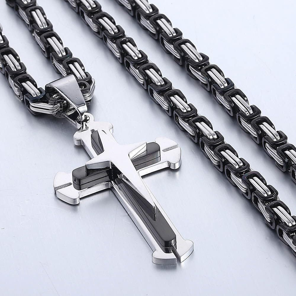 Trendsmax Mens Cross Pendant Necklace Stainless Steel Black Silver Byzantine Chain 22Inch