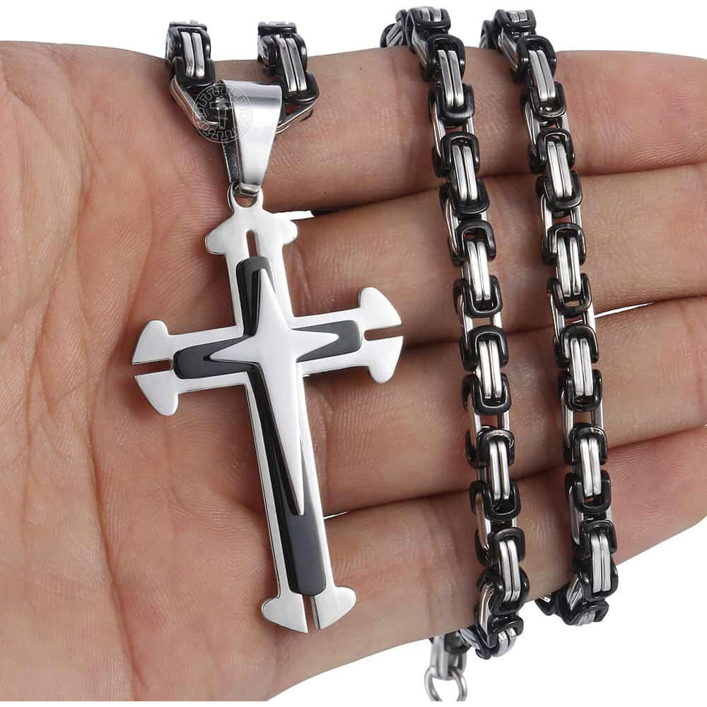 Trendsmax Mens Cross Pendant Necklace Stainless Steel Black Silver Byzantine Chain 22Inch