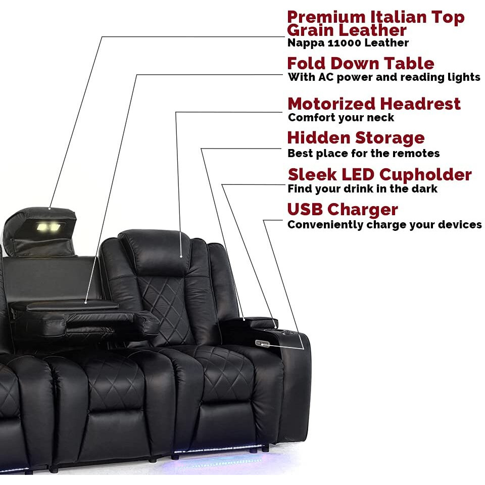 Valencia Oxford Home Theater Seating | 11000 Top Grain Black Leather, Power Recliner, With Drop Down Center Console (Row Of 3)