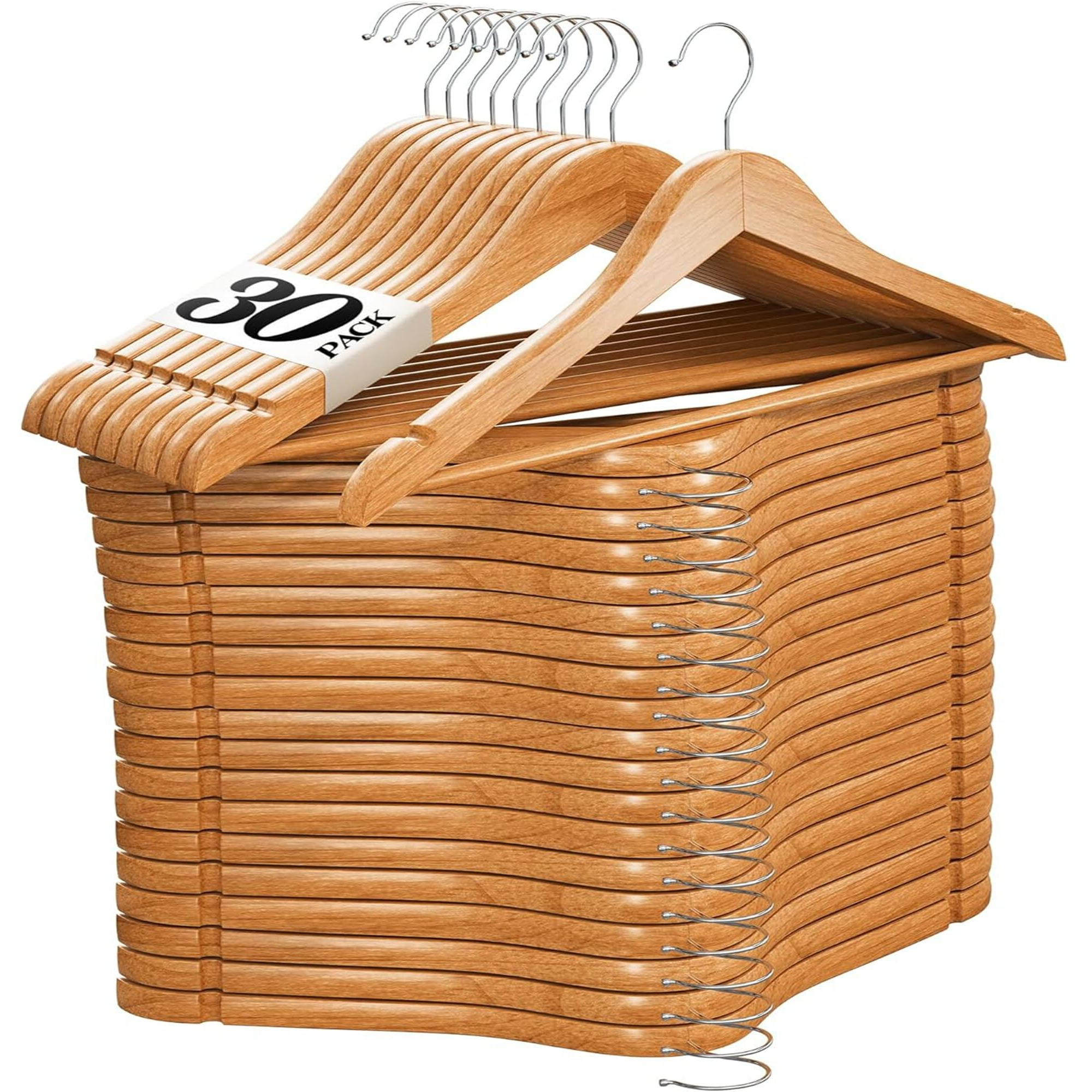 Home It Wooden Hangers 30 Pack - Natural Wood Durable Heavy Duty Coat Hangers Non Slip For Jacket, Shirt, Pants And Suit - Premium Solid Clothes Hangers For Closet With Chrome Swivel Hook