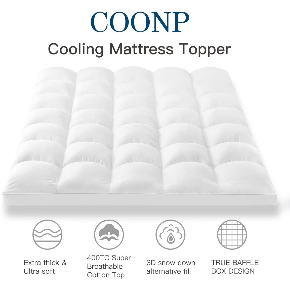 Coonp Queen Mattress Topper, Extra Thick Pillowtop, Cooling And Plush Mattress Pad Cover 400Tc Cotton With 8-21 Inch Deep Pocket 3D Snow Down Alternative Fill