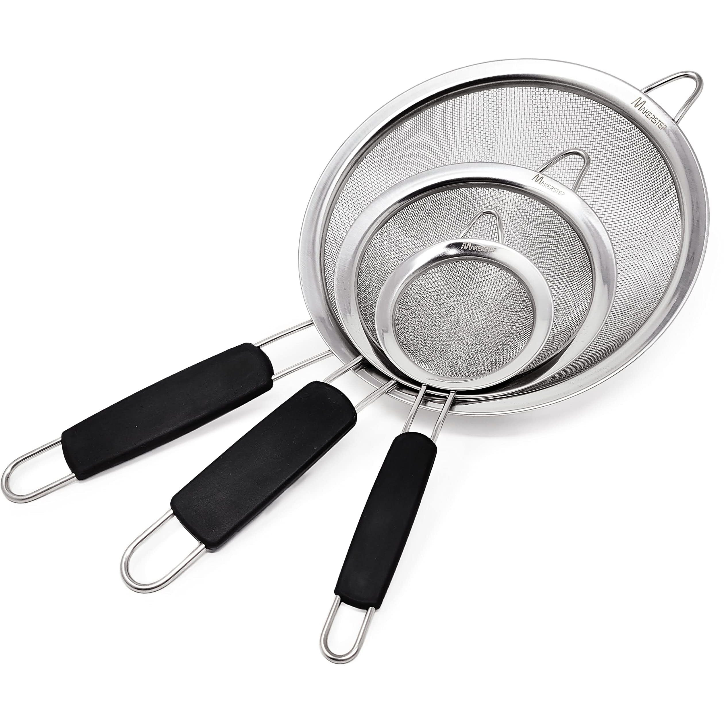 Makerstep Fine Mesh Strainer Set Of 3, Stainless Steel 3.38"", 5.5"", 7.87"" Strainers Wire Sieve Sifter With Insulated Handle Strainers For Kitchen Gadgets Tools Premium Colanders, Sifter