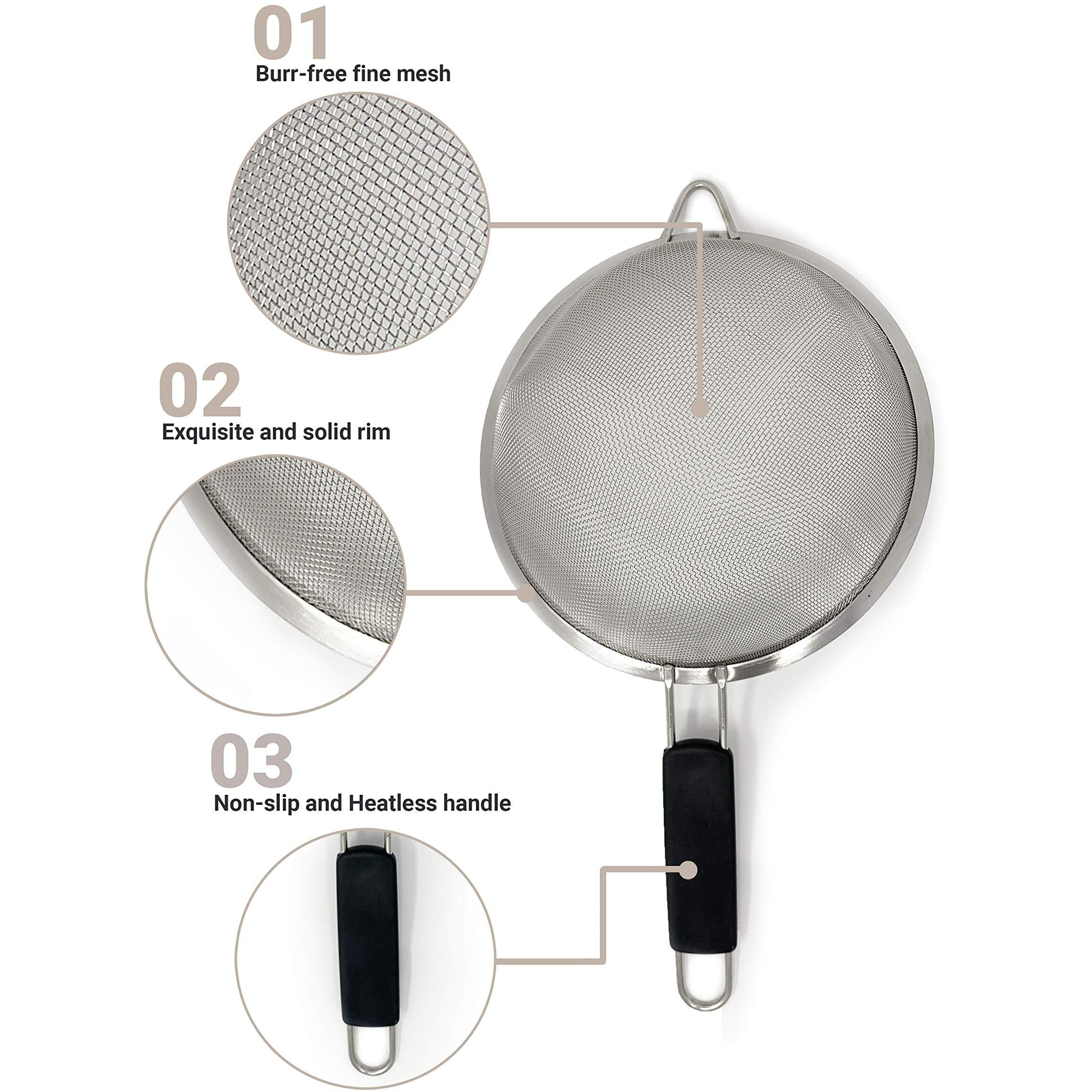 Makerstep Fine Mesh Strainer Set Of 3, Stainless Steel 3.38"", 5.5"", 7.87"" Strainers Wire Sieve Sifter With Insulated Handle Strainers For Kitchen Gadgets Tools Premium Colanders, Sifter