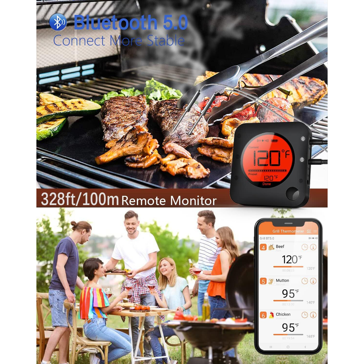 Bfour Meat Thermometer Wireless Bluetooth, Lcd Digital Meat Thermometer With Dual Probe, Wireless Remote Bbq Thermometer For Smoker Kitchen Cooking Grill Thermometer Timer For Grilling Bbq Oven