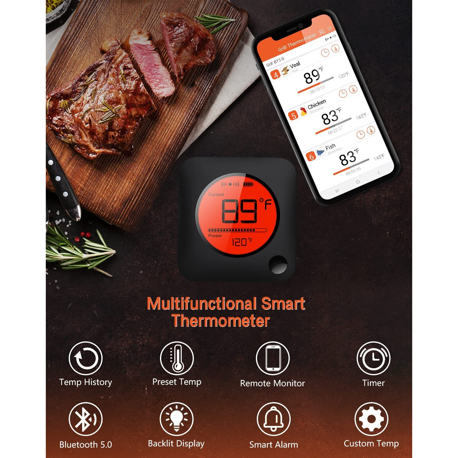 Bfour Meat Thermometer Wireless Bluetooth, Lcd Digital Meat Thermometer With Dual Probe, Wireless Remote Bbq Thermometer For Smoker Kitchen Cooking Grill Thermometer Timer For Grilling Bbq Oven