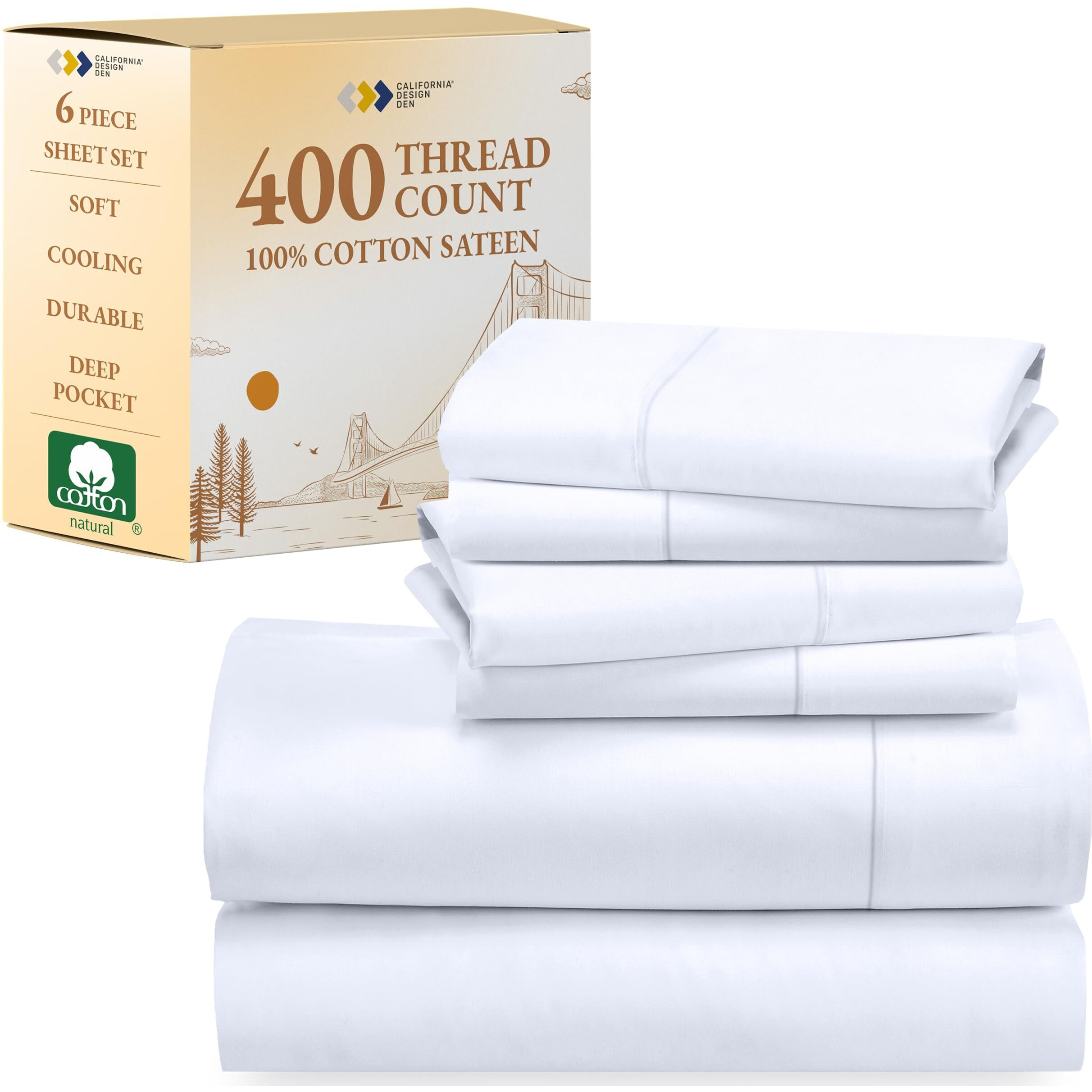 California Design Den 6-Pc Queen Size Sheet Set With 4 Pillowcases - 400 Thread Count 100% Cotton Sheets, Cooling Sateen Weave, Luxury Deep Pocket Bedsheets Set - Bright White