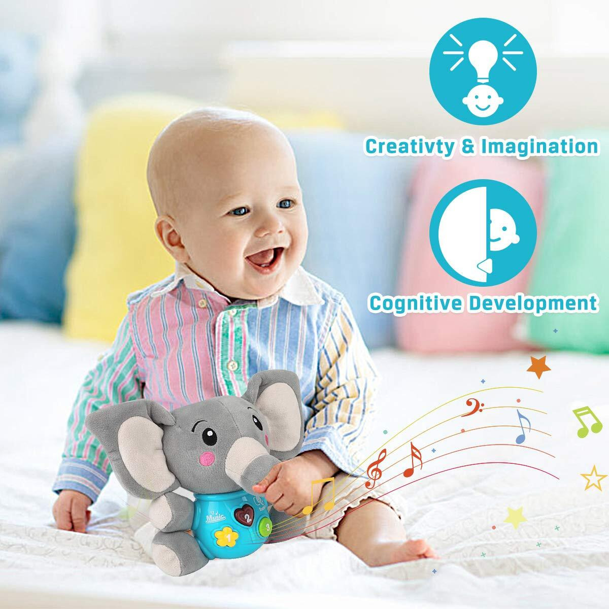 Aitbay Plush Elephant Music Baby Toys 0 3 6 9 12 Months, Cute Stuffed Aminal Light Up Baby Toys Newborn Baby Musical Toys For Infant Babies Boys & Girls Toddlers 0 To 36 Months (Gray)