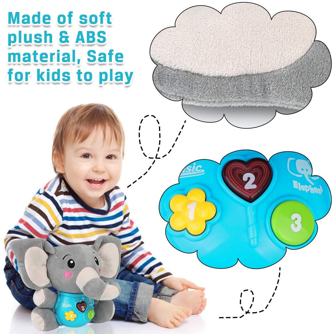 Aitbay Plush Elephant Music Baby Toys 0 3 6 9 12 Months, Cute Stuffed Aminal Light Up Baby Toys Newborn Baby Musical Toys For Infant Babies Boys & Girls Toddlers 0 To 36 Months (Gray)