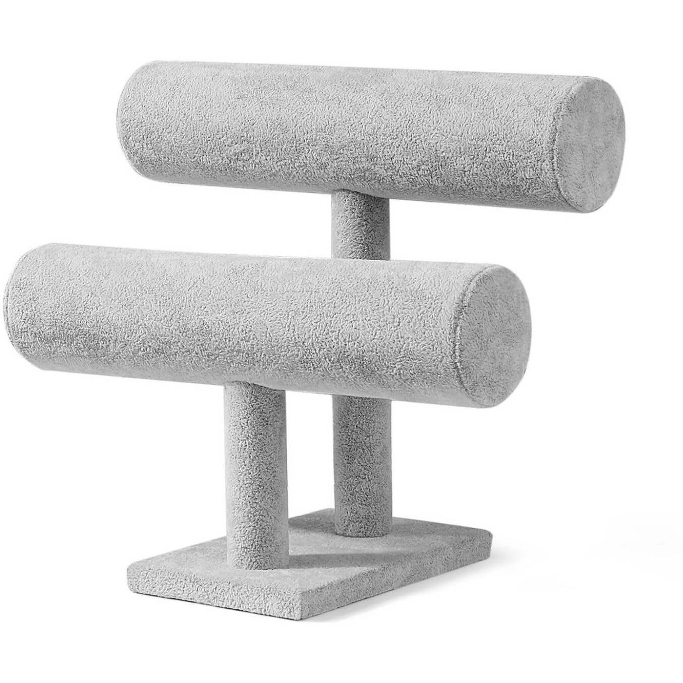 Flexzion Gray Velvet Hovering 2 Tier T-Bar Jewelry Stand Display Storage Store Rack - Removable Necklace Bracelet Earring Bangle Pendants Anklet Tower Watch Key Holder Organizer For Women Men Girl