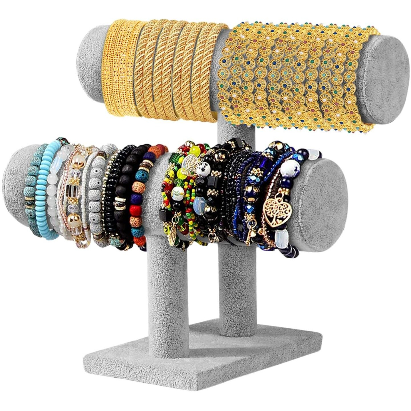 Flexzion Gray Velvet Hovering 2 Tier T-Bar Jewelry Stand Display Storage Store Rack - Removable Necklace Bracelet Earring Bangle Pendants Anklet Tower Watch Key Holder Organizer For Women Men Girl