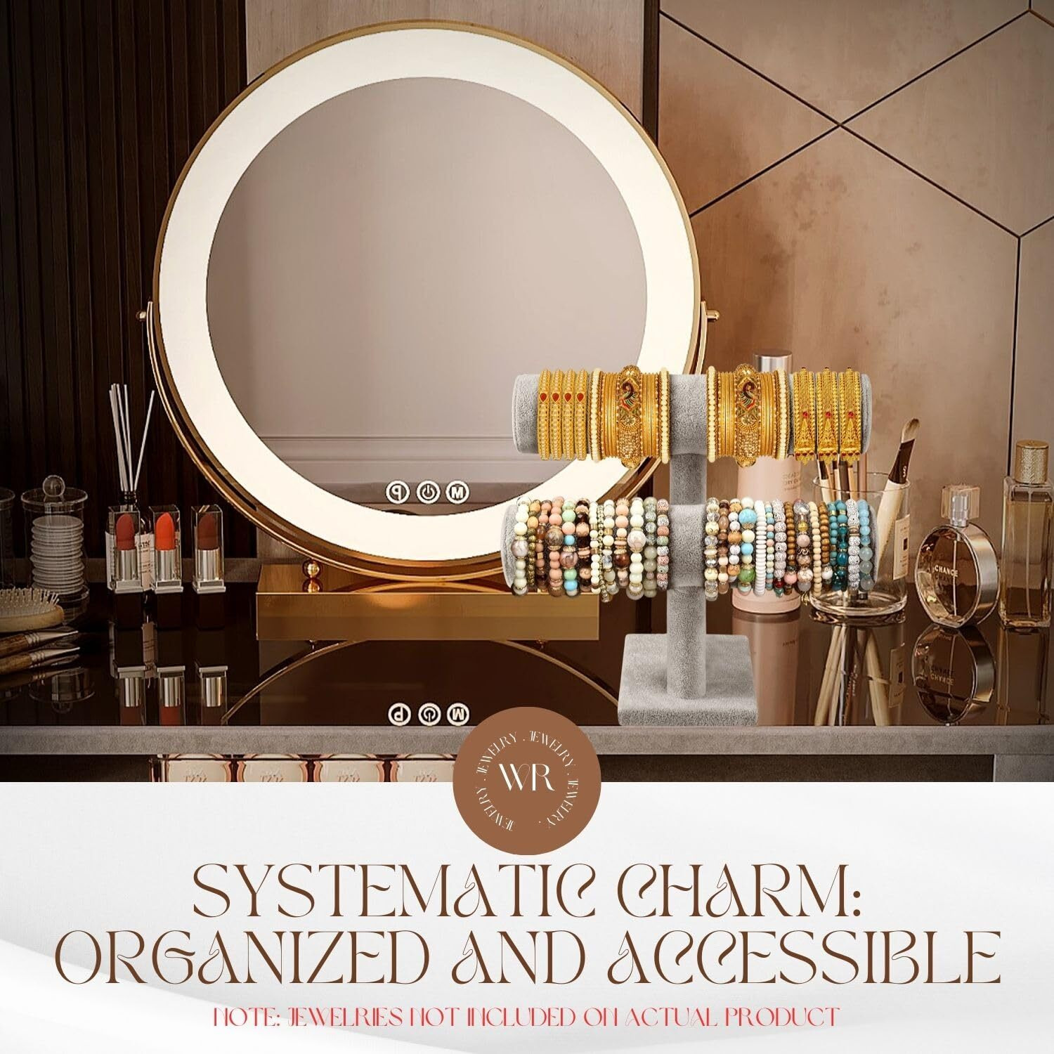 Flexzion Gray Velvet Hovering 2 Tier T-Bar Jewelry Stand Display Storage Store Rack - Removable Necklace Bracelet Earring Bangle Pendants Anklet Tower Watch Key Holder Organizer For Women Men Girl