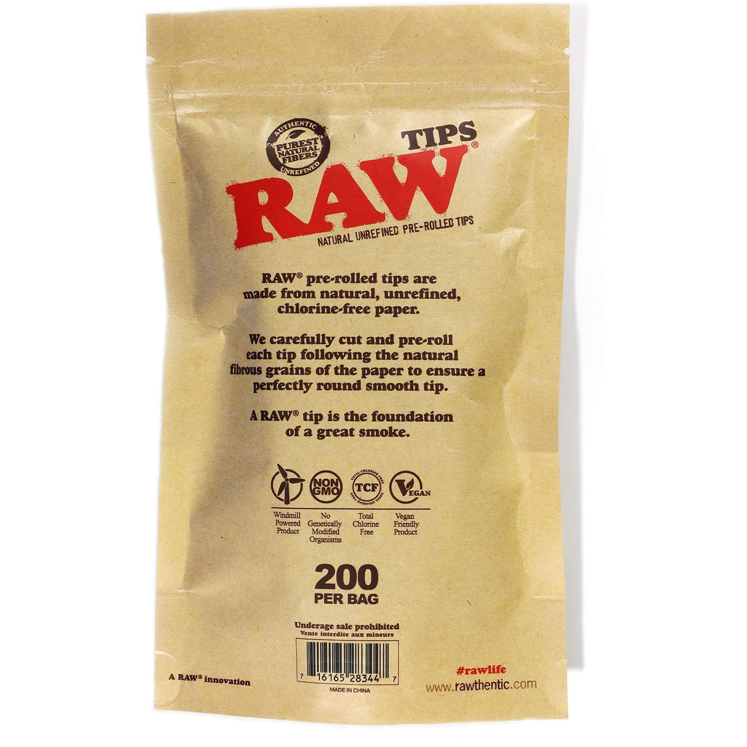 Raw Natural Unrefined Pre-Rolled Filter Tips - 1 Bag Of 200 Tips