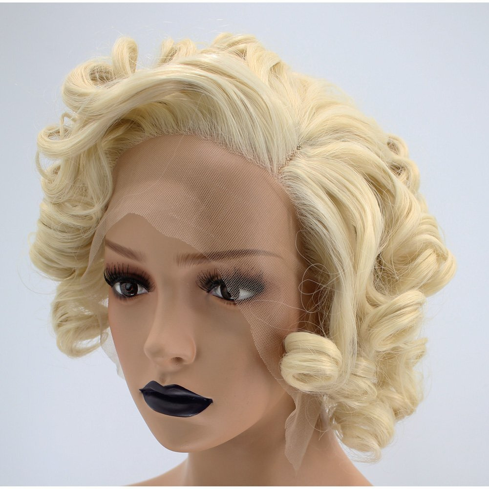 Anogol Hair Cap+ 13 * 1 Middle Part Light Blonde Lace Front Wig Synthetic Hair Short Curly 613 Blonde Bob Wigs Glueless Natural Hairline For Women