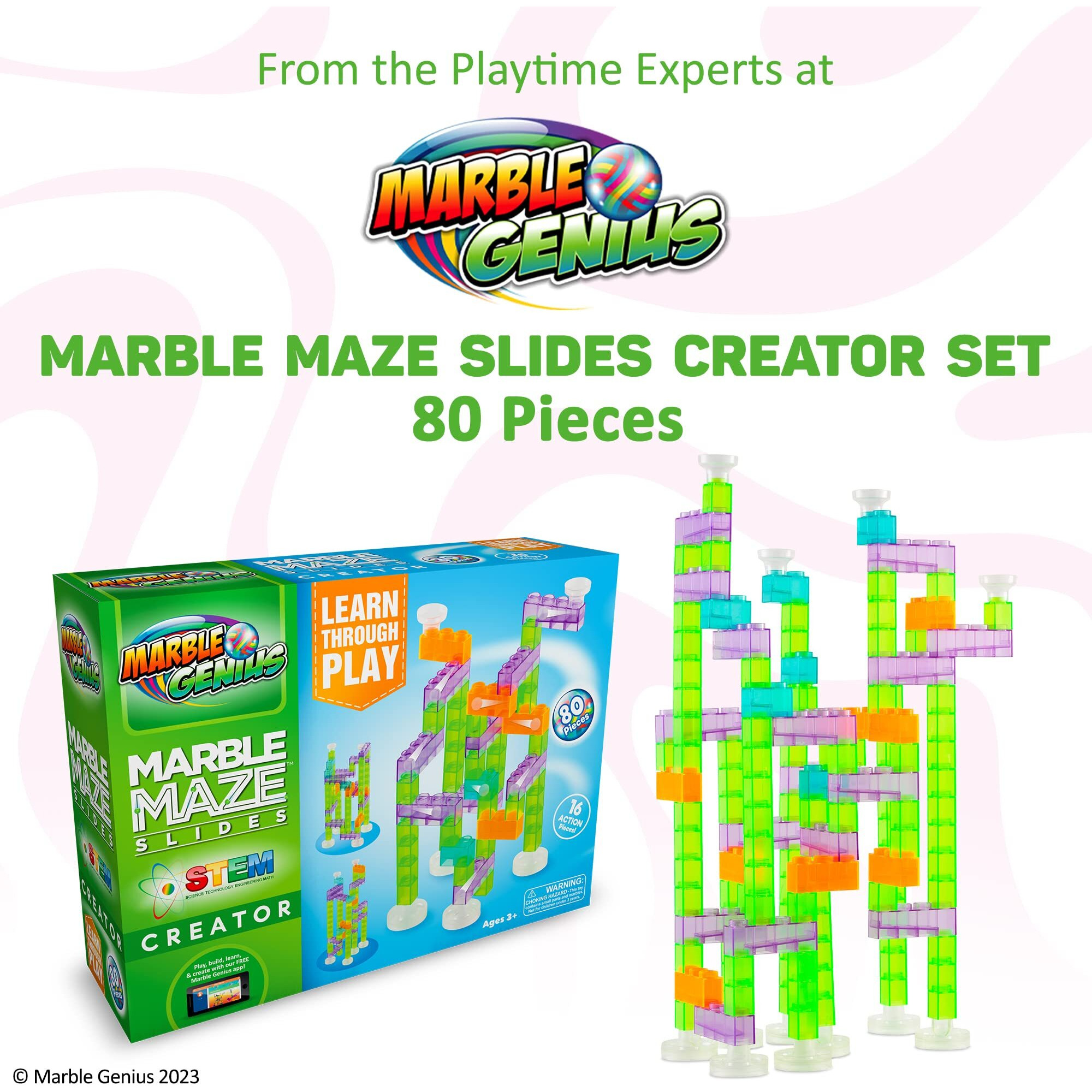 Marble Genius Marble Maze Slides Stem Creator Set 80 Pieces, And 16 Action Pieces, With Instruction App Access - Marble Run For Kids - Build, Race, And Discover Tracks With This Marble Game Set