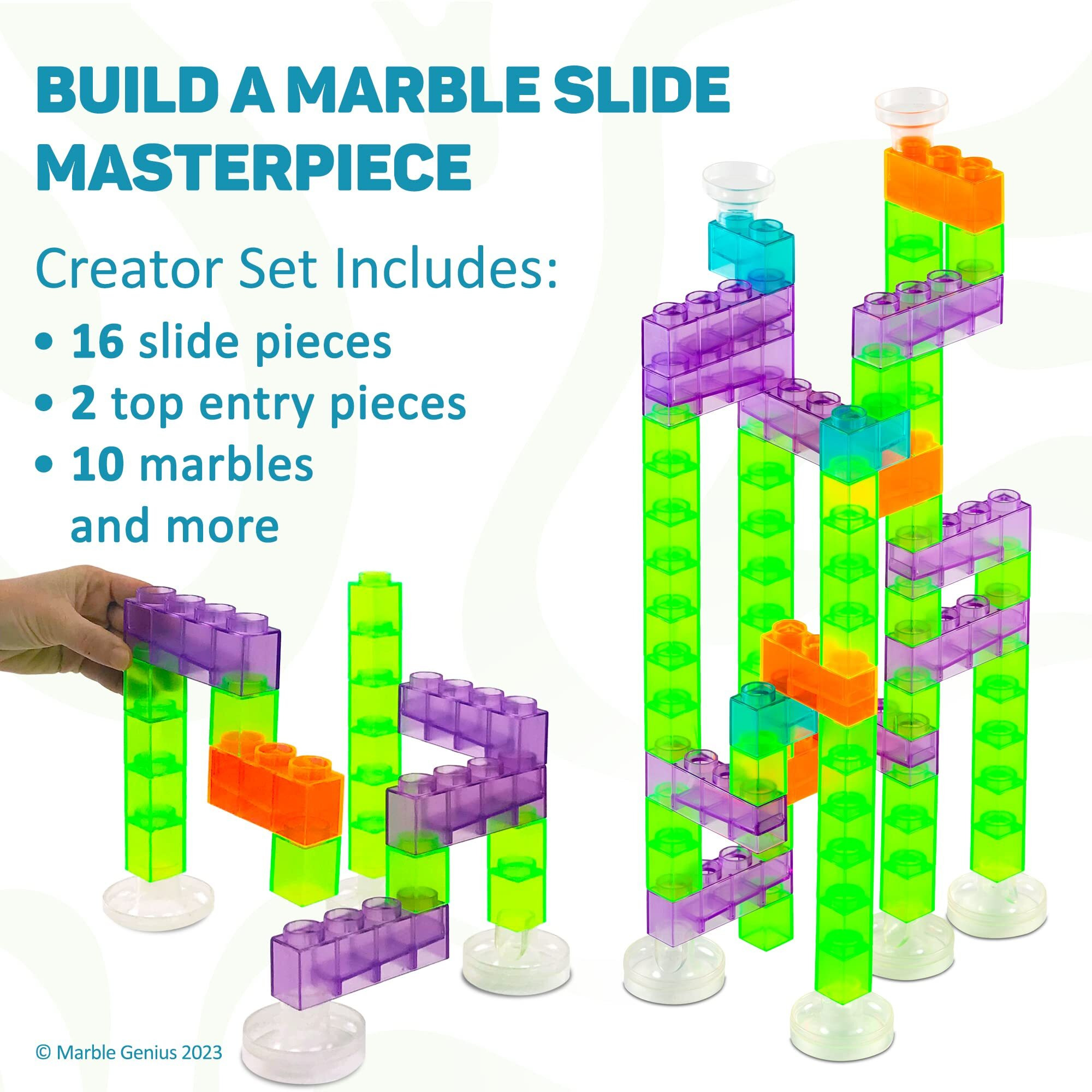 Marble Genius Marble Maze Slides Stem Creator Set 80 Pieces, And 16 Action Pieces, With Instruction App Access - Marble Run For Kids - Build, Race, And Discover Tracks With This Marble Game Set