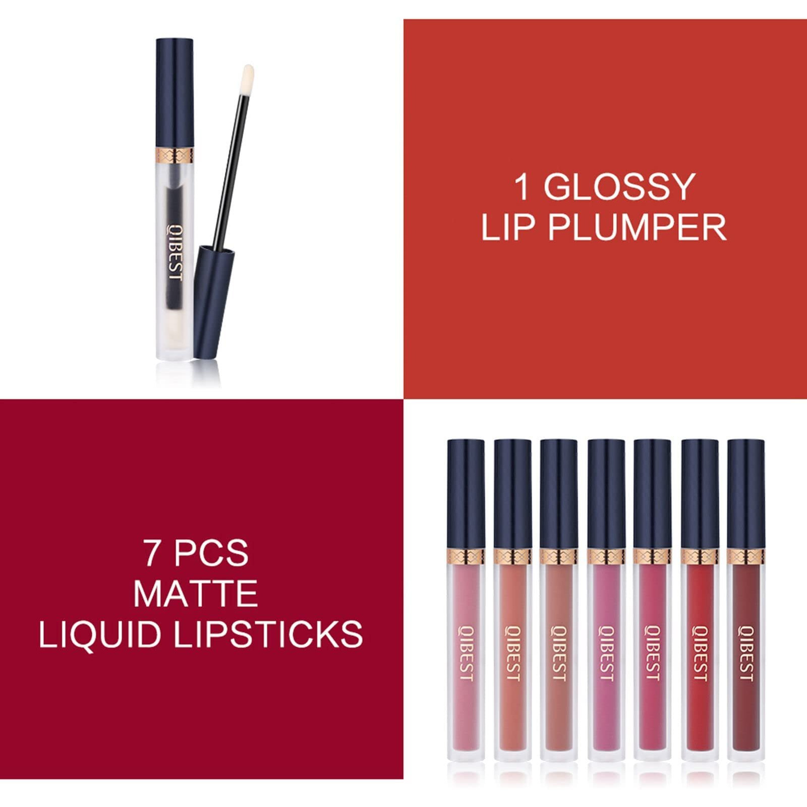 Qibest 7Pcs Matte Liquid Lipstick + 1Pcs Lip Plumper Makeup Set Kit, Pigmented Long Lasting Lip Gloss Set, Velvet Waterproof Halloween Lip Makeup Valentine's Day Gift Sets For Girls And Women