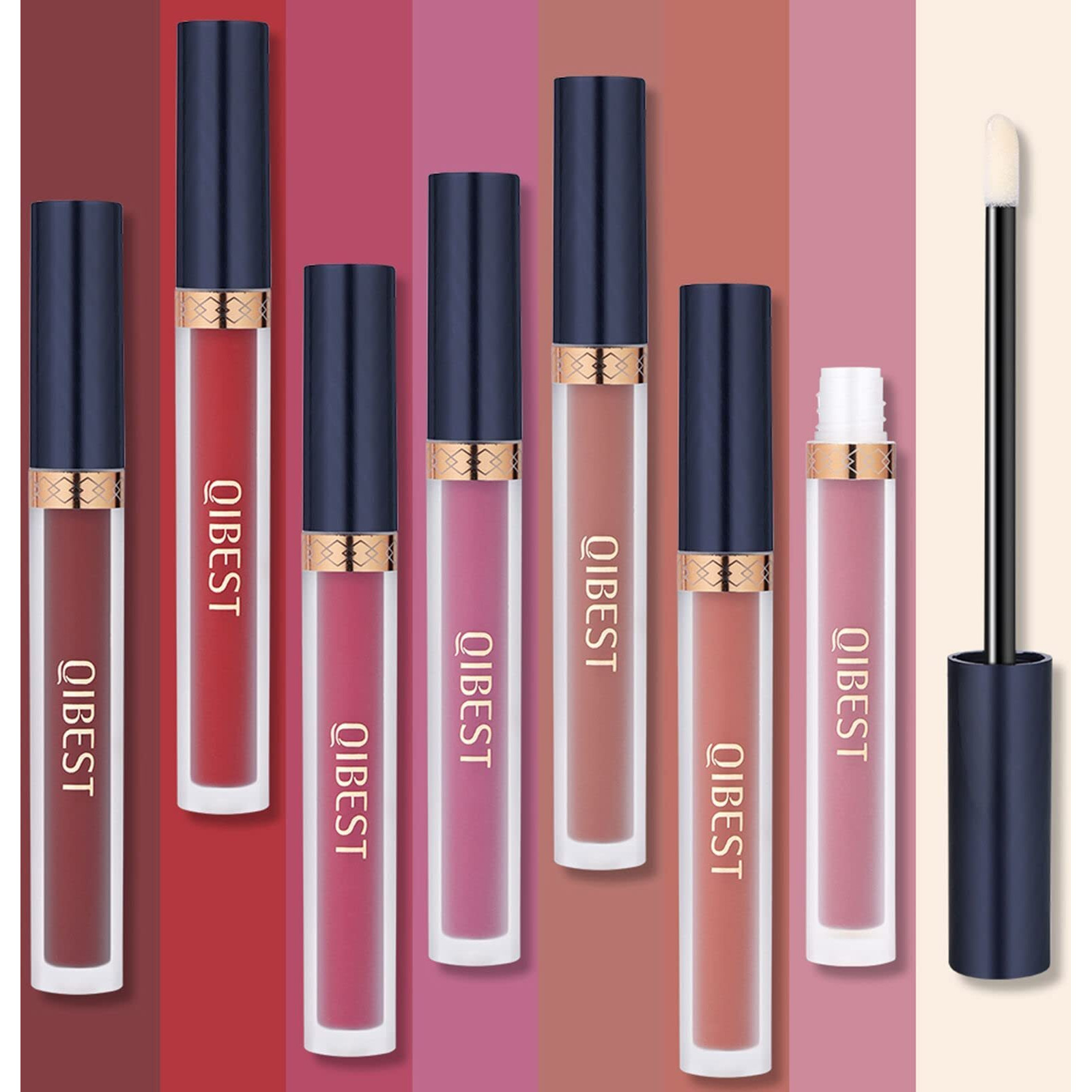Qibest 7Pcs Matte Liquid Lipstick + 1Pcs Lip Plumper Makeup Set Kit, Pigmented Long Lasting Lip Gloss Set, Velvet Waterproof Halloween Lip Makeup Valentine's Day Gift Sets For Girls And Women