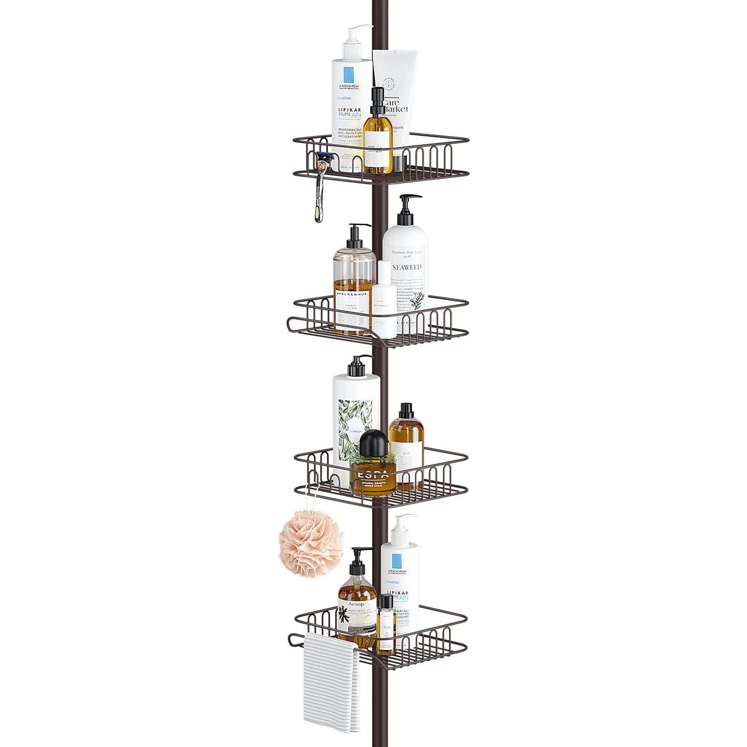 Seirione Rustproof Shower Caddy Corner And Shower Organizer Corner For Bathroom,Corner Shower Caddy Tension Pole With 4 Adjustable Baskets For Shower Accessories, 61.3 To 113 Inch Height, Oil Bronze