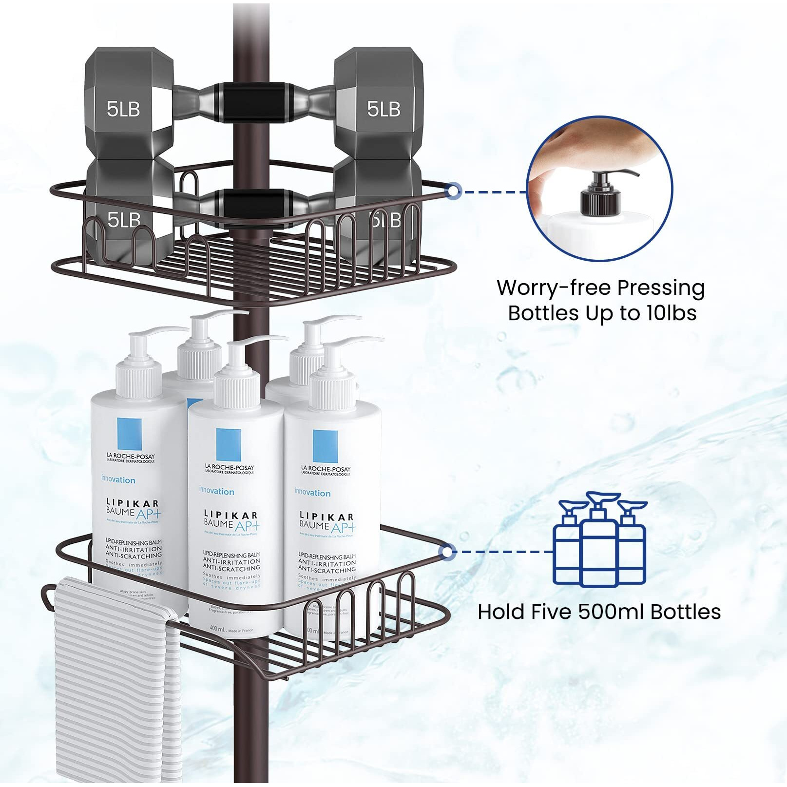 Seirione Rustproof Shower Caddy Corner And Shower Organizer Corner For Bathroom,Corner Shower Caddy Tension Pole With 4 Adjustable Baskets For Shower Accessories, 61.3 To 113 Inch Height, Oil Bronze