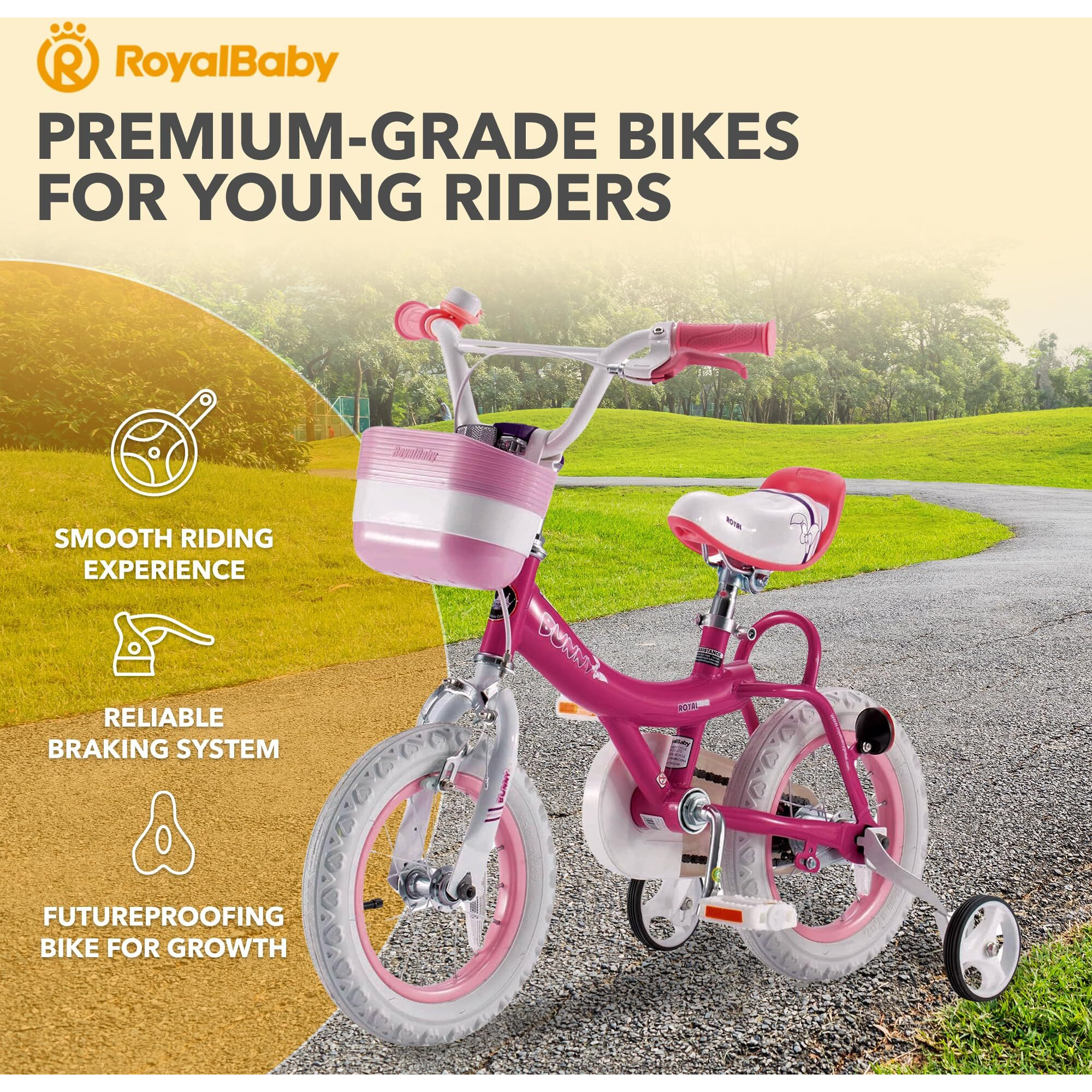 Royalbaby Princess Girl Children's Bicycle Outdoor Ride-On Bike With Training Wheels, Adjustable Seat, And Basket, 12 Inch, Bunny/Fuchia