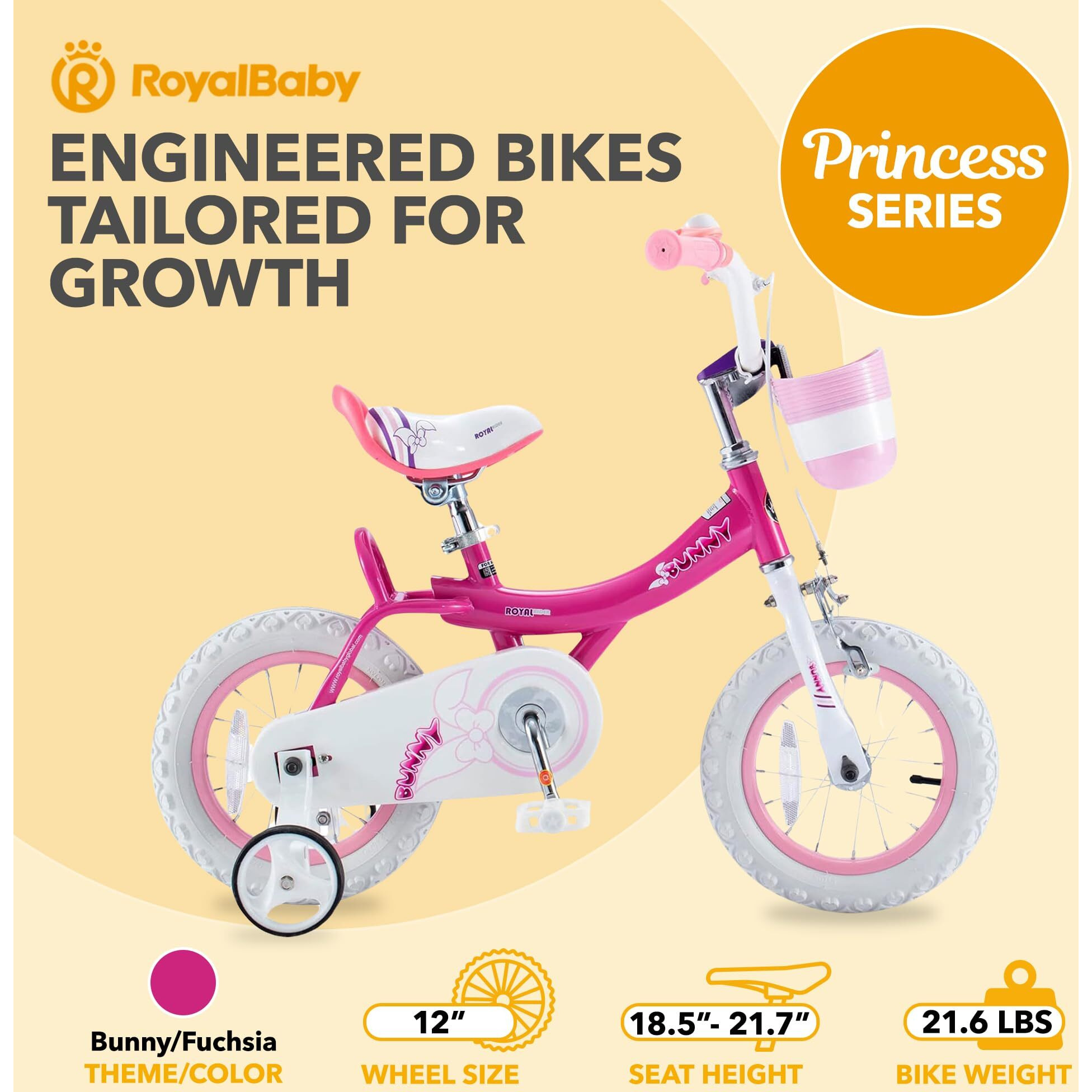 Royalbaby Princess Girl Children's Bicycle Outdoor Ride-On Bike With Training Wheels, Adjustable Seat, And Basket, 12 Inch, Bunny/Fuchia