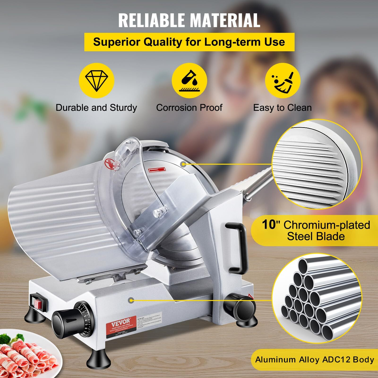 Vevor Commercial Meat Slicer, 10 Inch Electric Food Slicer, 240W Frozen Meat Deli Slicer, Premium Chromium-Plated Steel Blade Semi-Auto Meat Slicer For Commercial And Home Use (10In-240W)