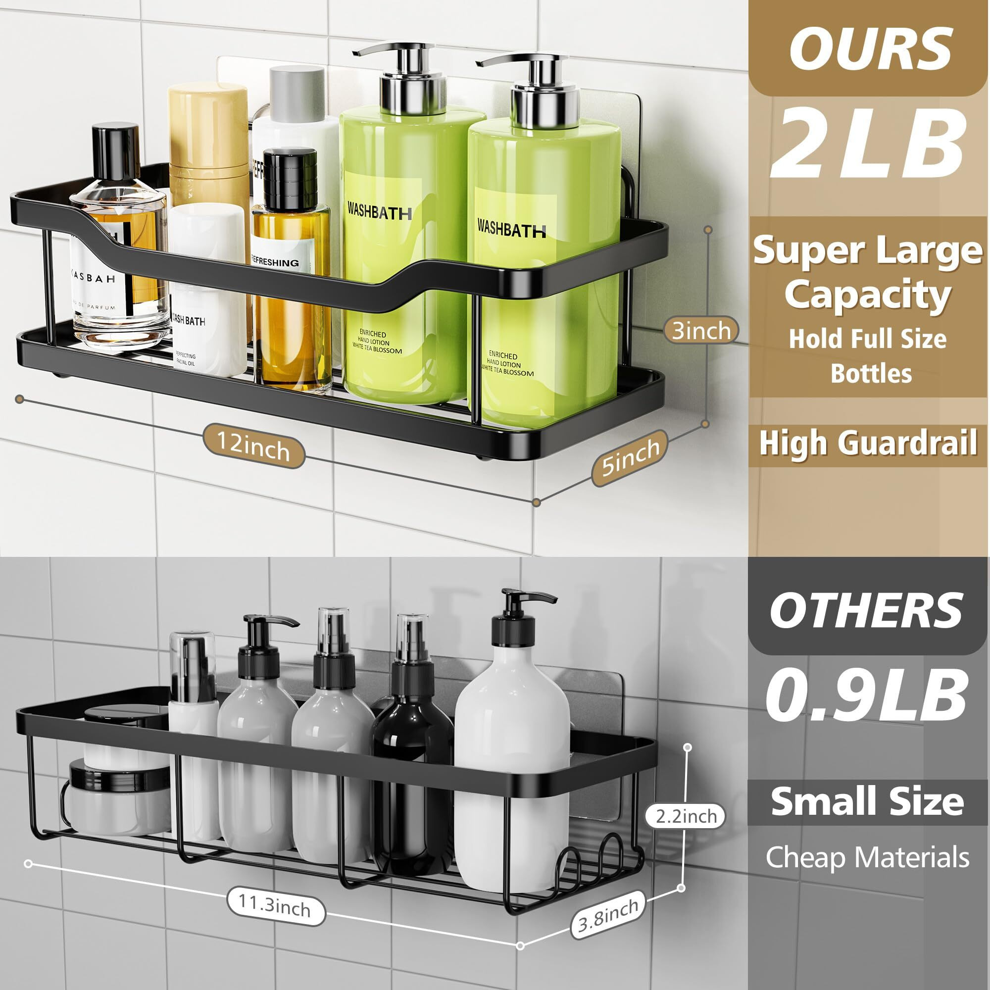 Omaira Shower Caddy, 2-Pack Adhesive Shower Organizer, No Drilling Rustproof 304 Stainless Steel Shower Shelves For Inside Shower & Bathroom Organizer, Matte Black (X-Large)