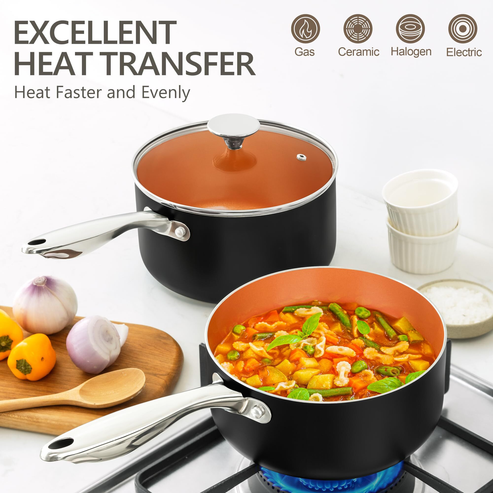 Michelangelo Nonstick Sauce Pan 2 Quart, Ultra Nonstick Copper Sauce Pot 2 Qt, Nonstick Sauce Pan With Lid, Small Ceramic Saucepan, Small Pot With Lid, Copper Ceramic Saucepan, Nonstick Pots 2 Quart