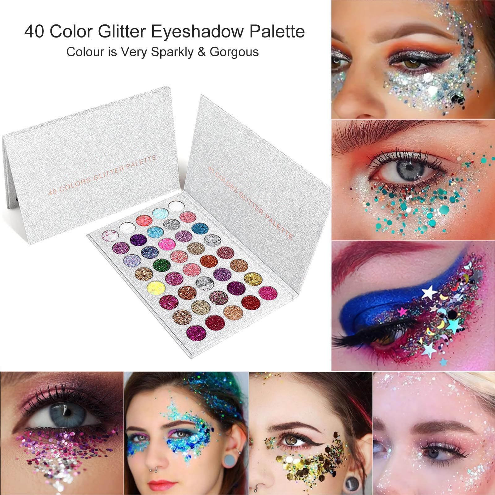 Sumeitang 40 Colors Pressed Chunky Glitter Eyeshadow Palette, Self Adhesive Glue Gel Glitter Highly Pigmented Colourful Shimmer Glitter Eye Shadow Pallet For Women Girls Long Lasting Sparkle Makeup