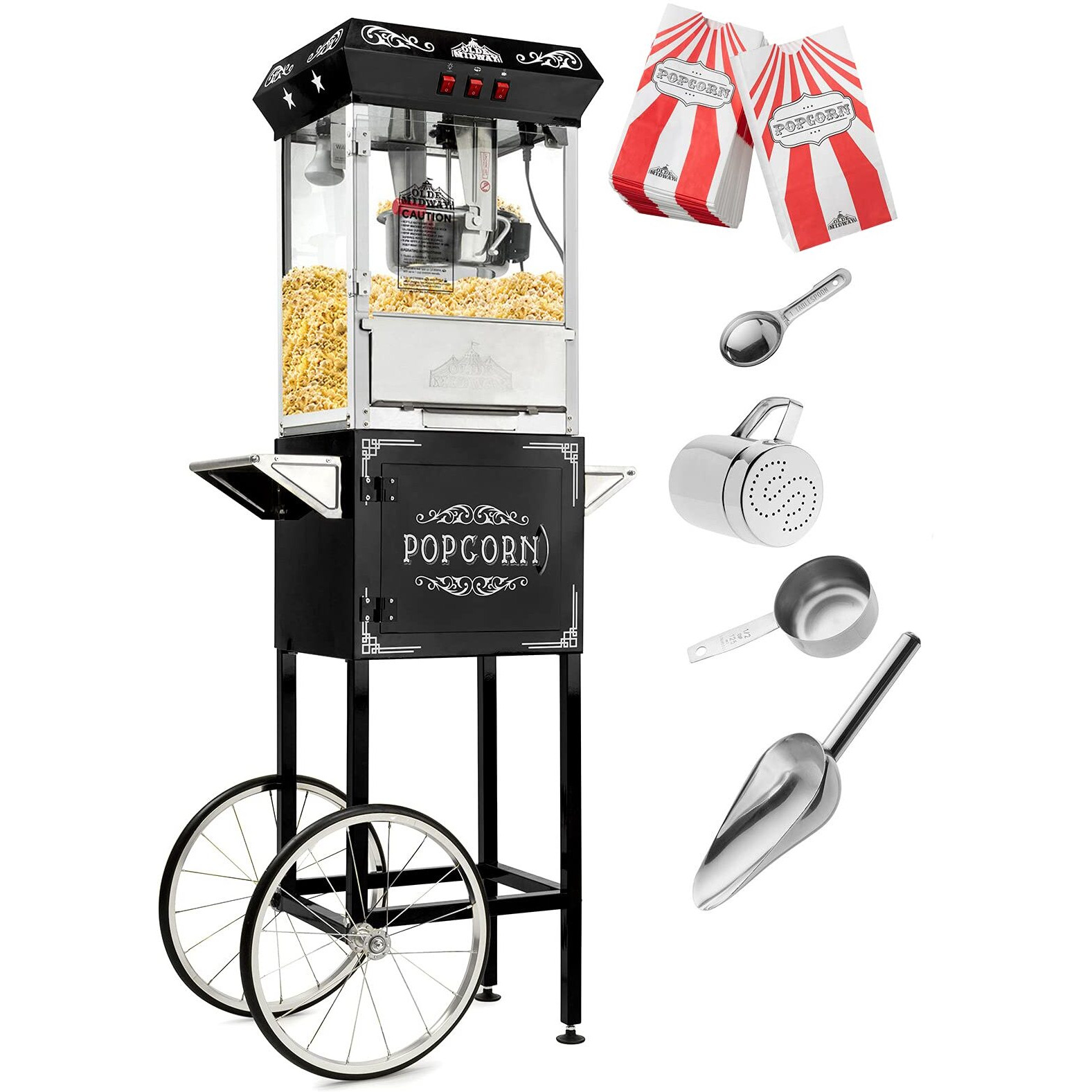 Olde Midway Vintage Style Popcorn Machine Maker Popper With Cart And 10-Ounce Kettle - Black