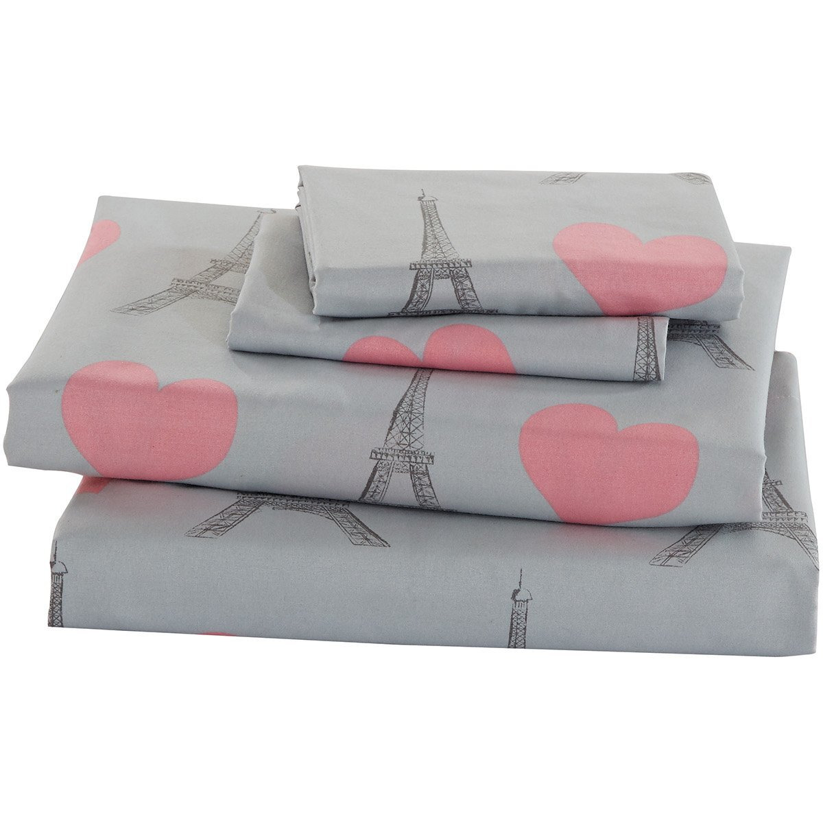 Fancy Linen Eiffel Tower Hearts Grey Pink Hearts Paris Girls/ Teens / Adults Sheet Set New (Twin)
