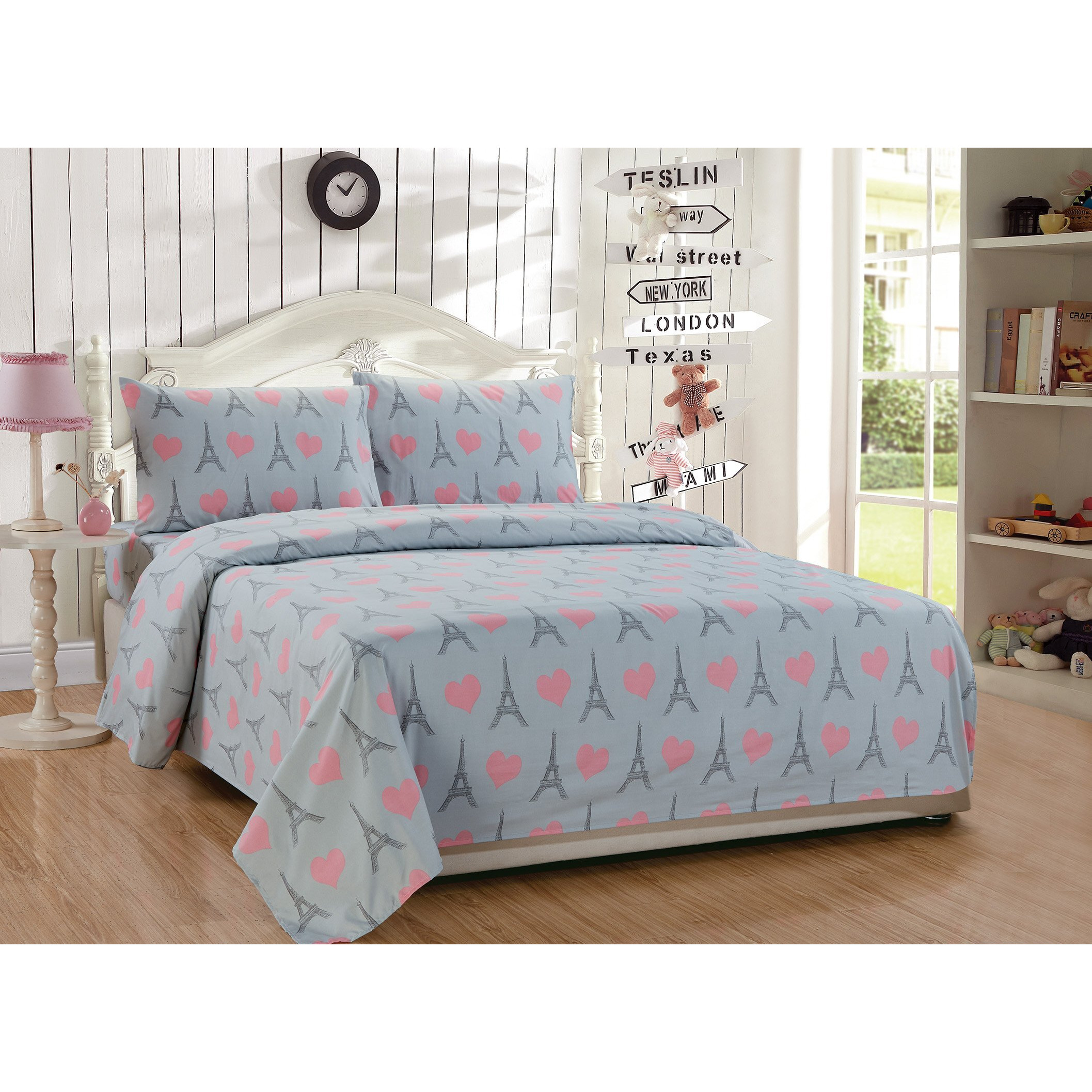 Fancy Linen Eiffel Tower Hearts Grey Pink Hearts Paris Girls/ Teens / Adults Sheet Set New (Twin)