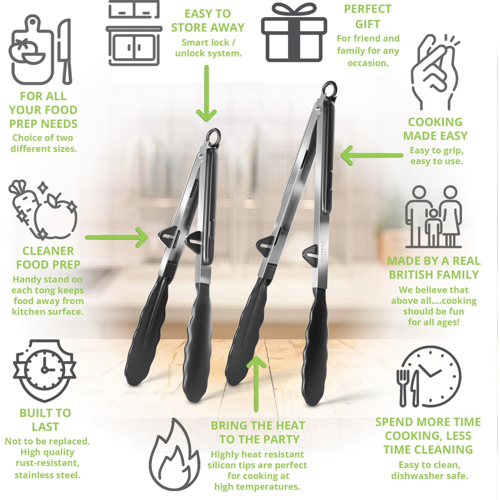 Oliver's Kitchen  Tongs - 2X Food Safe Silicone Cooking Tongs - Locking Clip For Easy Storage - Great For Bbq - Easy To Use & Grip Kitchen Tongs - Stylish Stainless Steel Design
