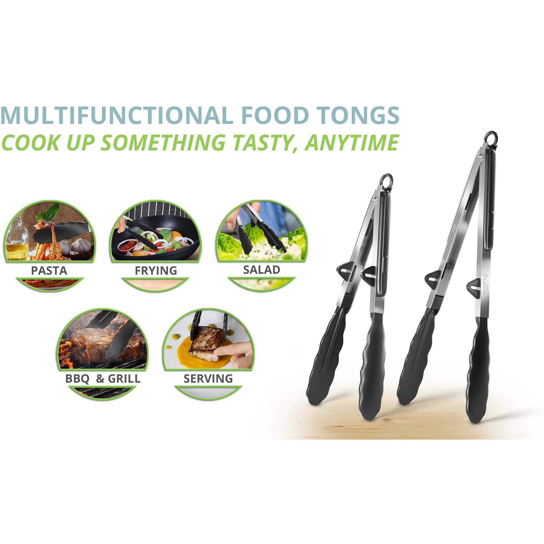 Oliver's Kitchen  Tongs - 2X Food Safe Silicone Cooking Tongs - Locking Clip For Easy Storage - Great For Bbq - Easy To Use & Grip Kitchen Tongs - Stylish Stainless Steel Design