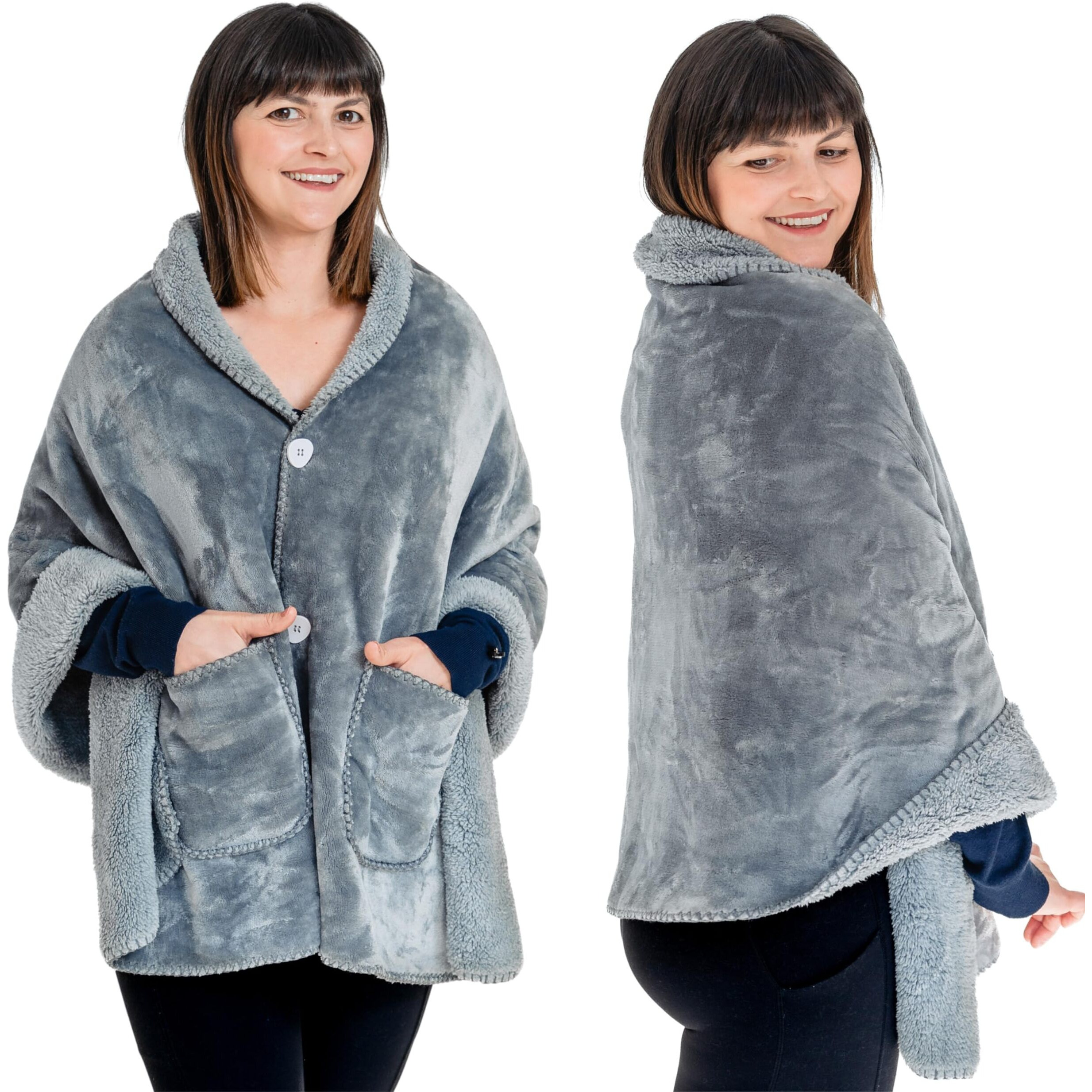 Ezrallora Premium Double Layer Poncho Blanket -No Sleeves Easy On Easy Off - Sherpa Shawl With Pockets -Wearable Blanket- Gifts For Grandma (Silver Grey)