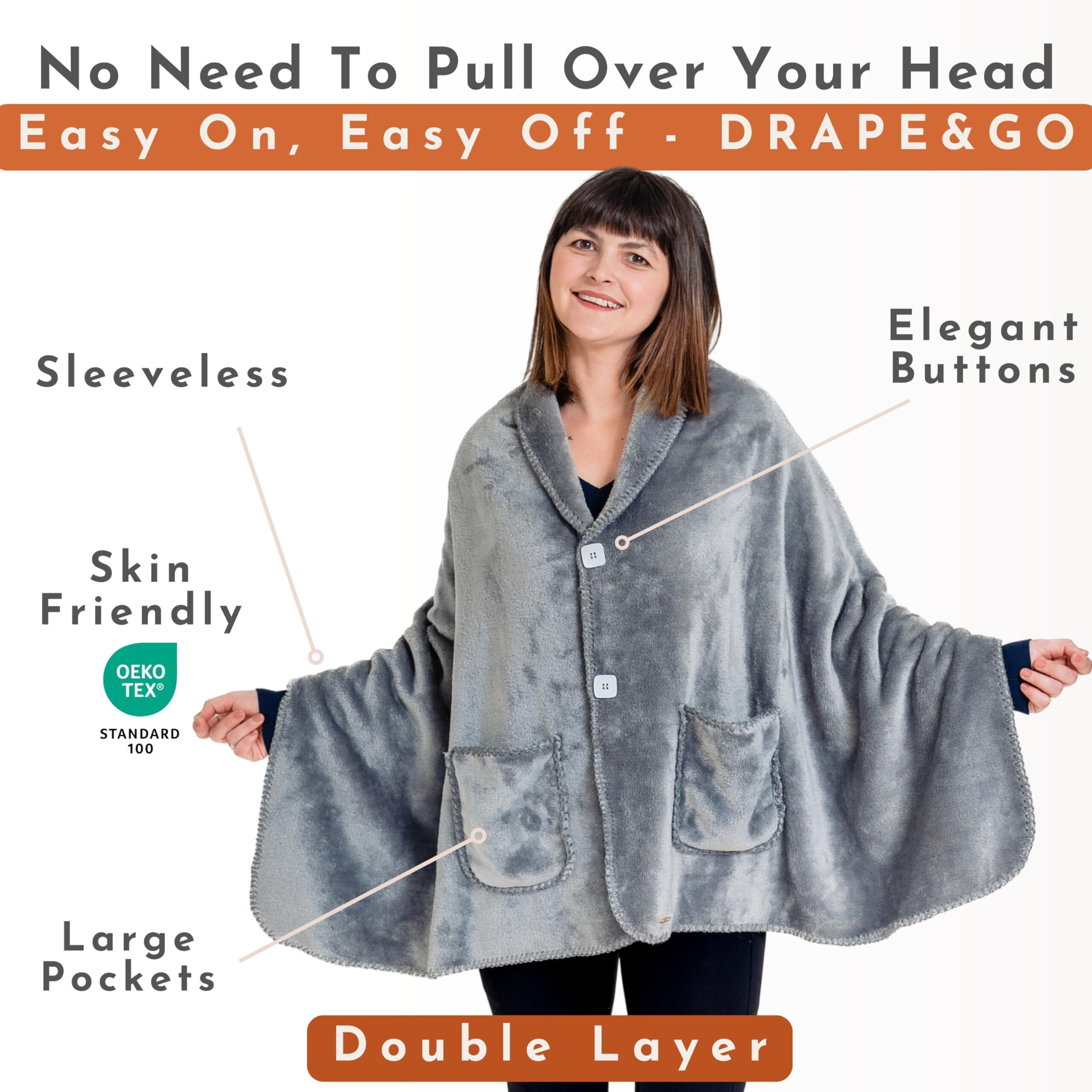 Ezrallora Premium Double Layer Poncho Blanket -No Sleeves Easy On Easy Off - Sherpa Shawl With Pockets -Wearable Blanket- Gifts For Grandma (Silver Grey)
