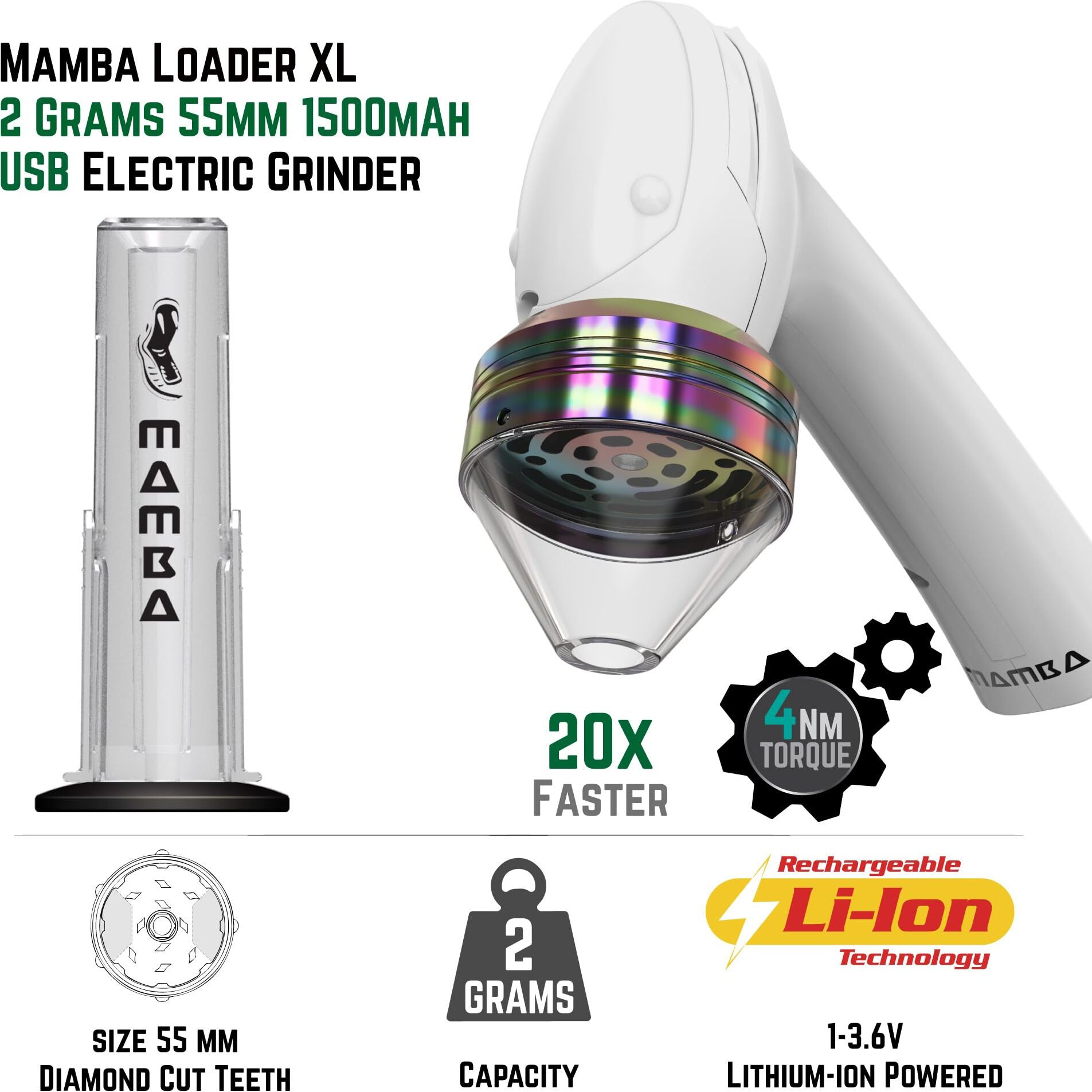 Mamba Loader Xl V2-55 Electric Herb Grinder, Usb Rechargeable Automatic Grinder Fast Mill With Aluminum Alloy Head, Includes Herb And Spices Holding System (White) Charge Full Before First Use